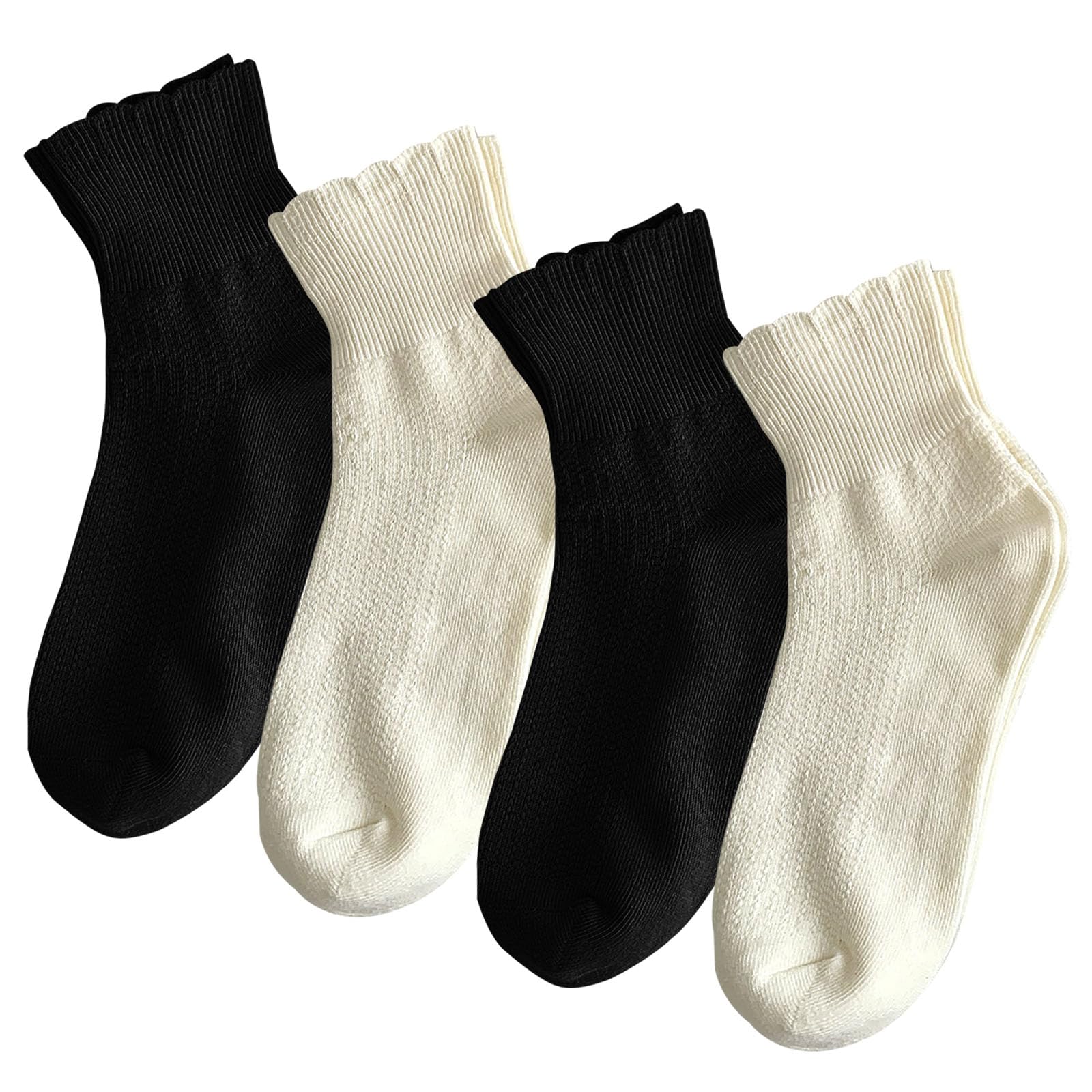 zrylibya Women Textured Pattern Ankle Socks Ruffle Scalloped Socks 4 Pairs