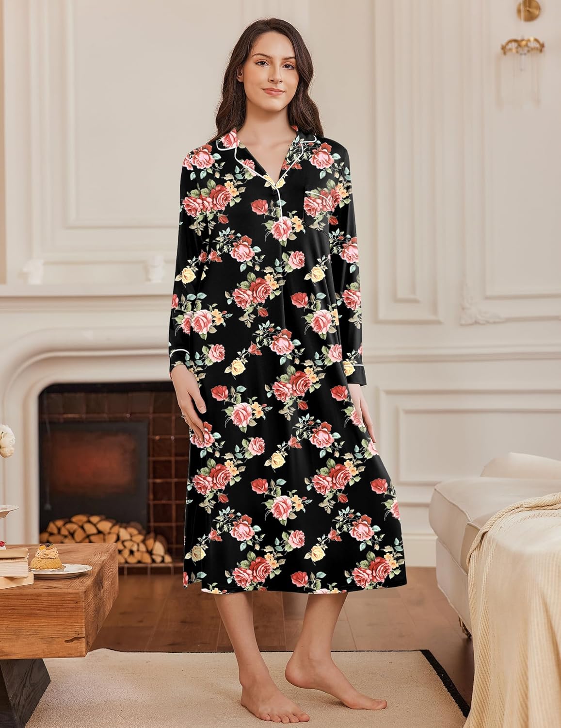 Ekouaer Nightgowns for Women Long Sleeves Nightgown Soft Sleepwear Button V Neck Sleepshirt Long Nightgown S-XXL - Image 5