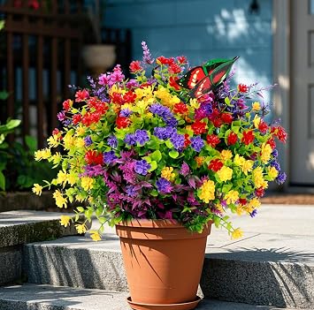Artificial Flowers for Outdoors UV Resistant No Fade Faux Fake Flowers | 12 Bundles Artificial Flowers Outdoor Decoration Greenery Shrub Plants for Garden Home Front Porch Window Box Hanging Decor
