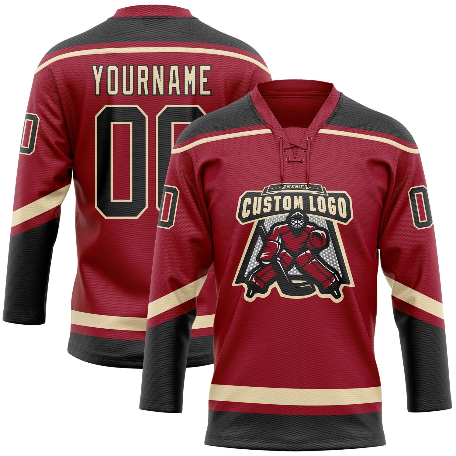 Custom Maroon Black-City Cream Hockey Lace Neck Jersey, Mens Hockey Jersey, Hockey Practice Jersey, Practice Hockey Jersey, Hockey Jersey Men, Jerseys for Men, Hockey Jersey, Hockey Jerseys for Men