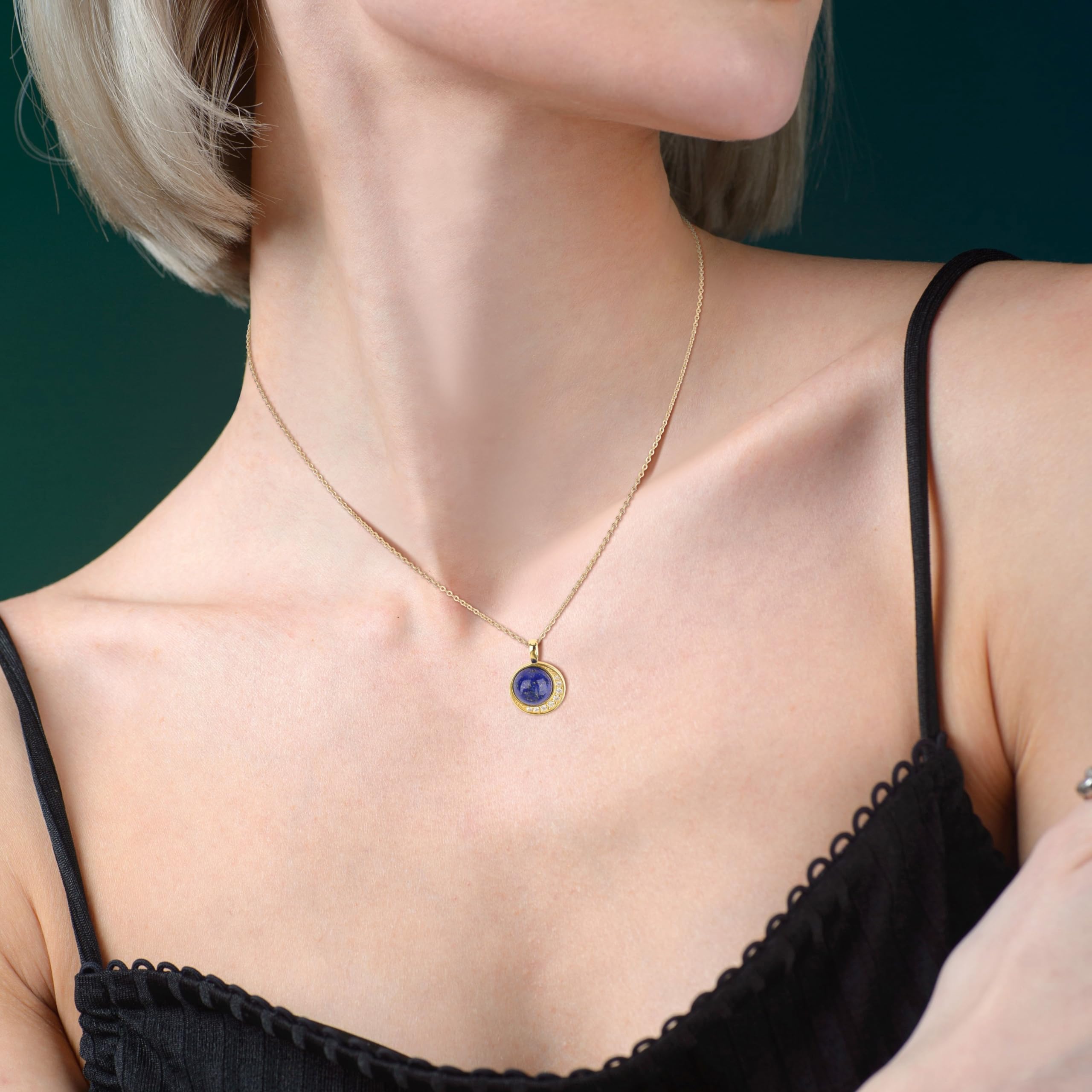 COAI Collana Argento 925 da Donna Placcato Oro 14K con Ciondolo Luna Crescente, Collana da Donna in Pietre Naturali e Zirconia Cubica