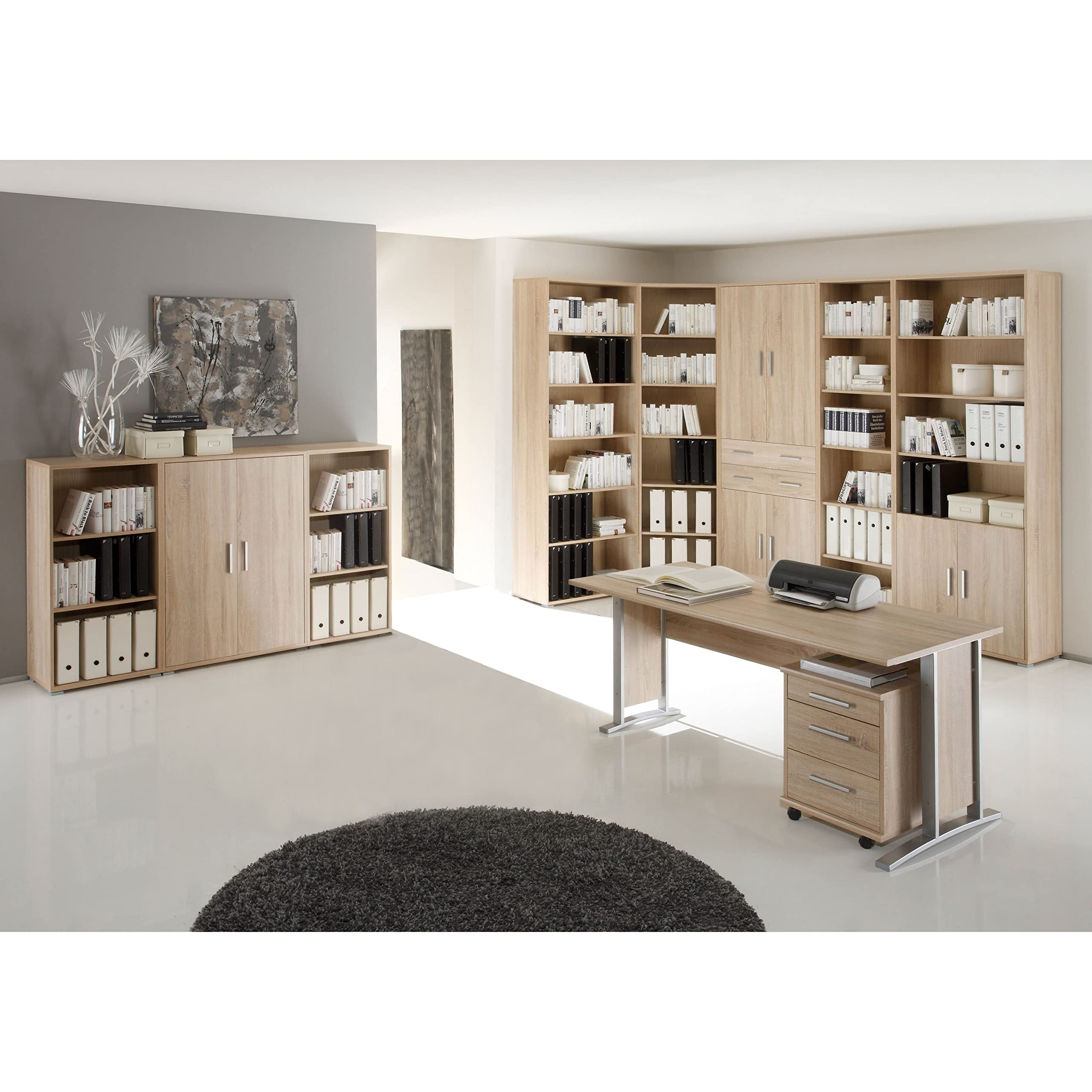 Stella Trading OFFICE LINE, Libreria archivio in simil rovere Sonoma, libreria larga a 2 ante e con 6 vani a giorno, set completo di mobili elegantei per l’ufficio, 184 x 114 x 35 cm (L x A x P)