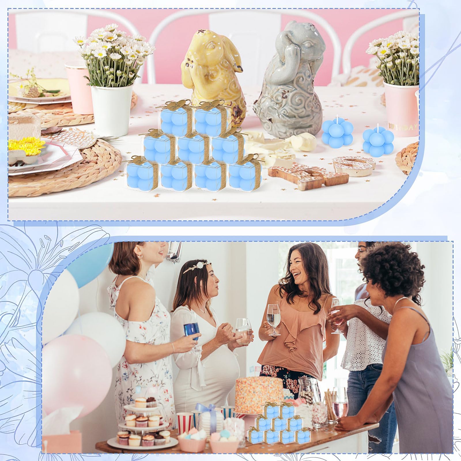 Lot de 30 Bougies Bulles Bleues avec Boîtes Cadeaux, Cartes de Remerciement et Ficelle de Jute - Mini Bougies Décoratives Cube pour Cadeau d'Invités Mariage, Baptême, Baby Shower Garçon - 4x3,5 cm
