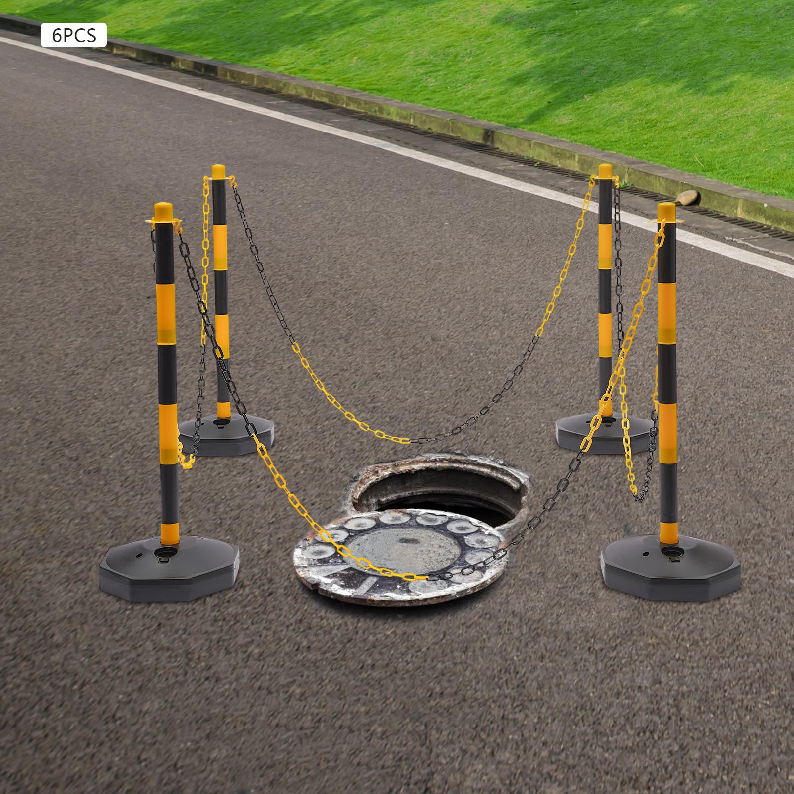 6 poteaux de barrière de parking avec 5 chaînes de barrière, hauteur réglable, peut être rempli de sable ou d'eau, pour système de guidage des personnes, barrière de stationnement, avertissement de