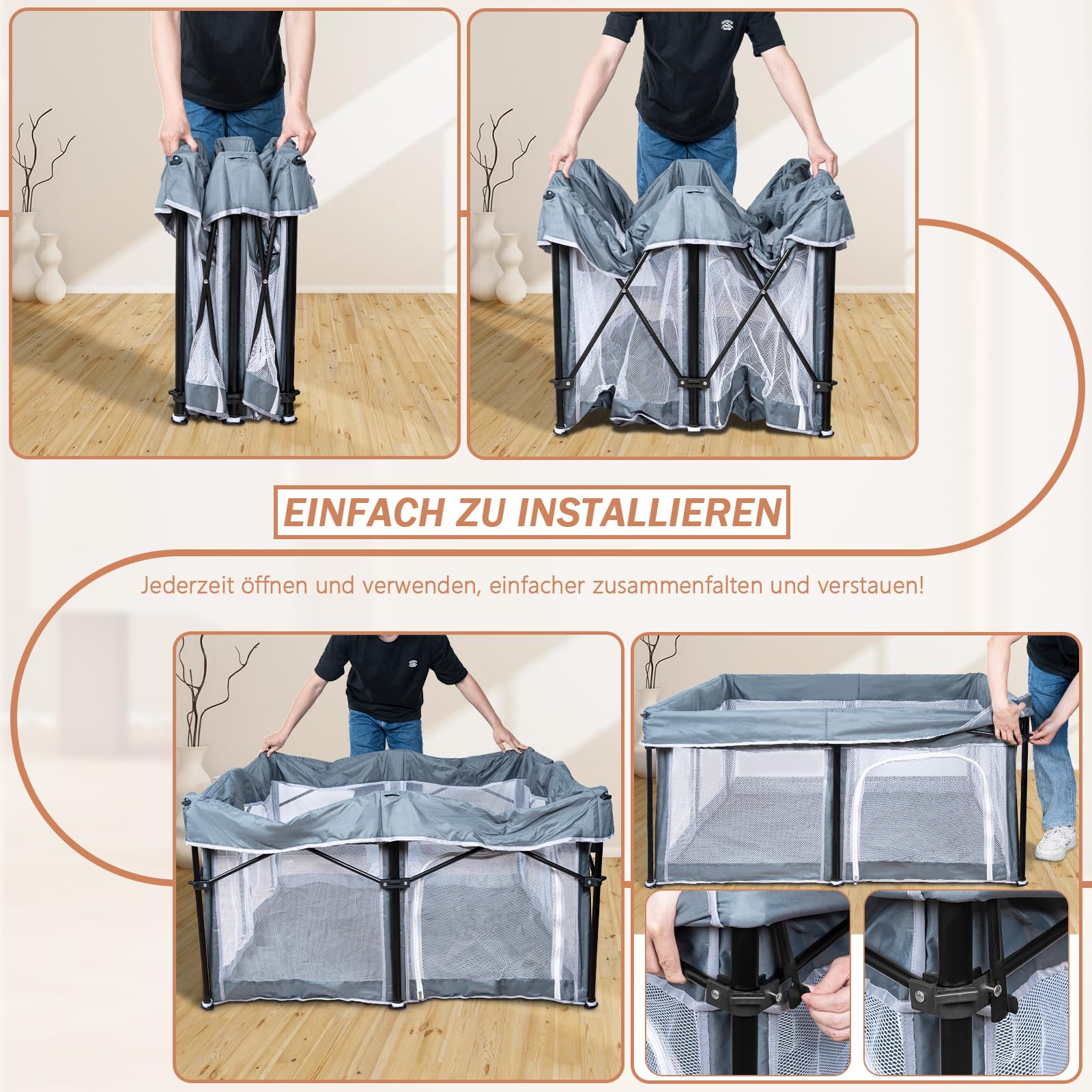 OUUTMEE Box per bambini, 127 x 127 cm, pieghevole, recinzione da gioco per bambini, 150D, Oxford, per interni ed esterni, con custodia, Playpen (grigio scuro)