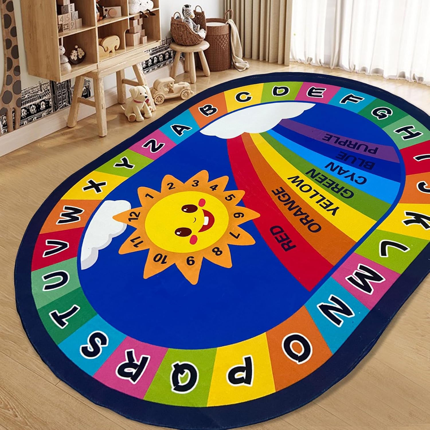 USTIDE Large Oval Educational Kids Rug Carpet 6x9,ABC Alphabet Colors Rainbow Fun Classroom Rug Non-Slip Play Mat Learning Area Rug for Bedroom Playroom Rug Decor