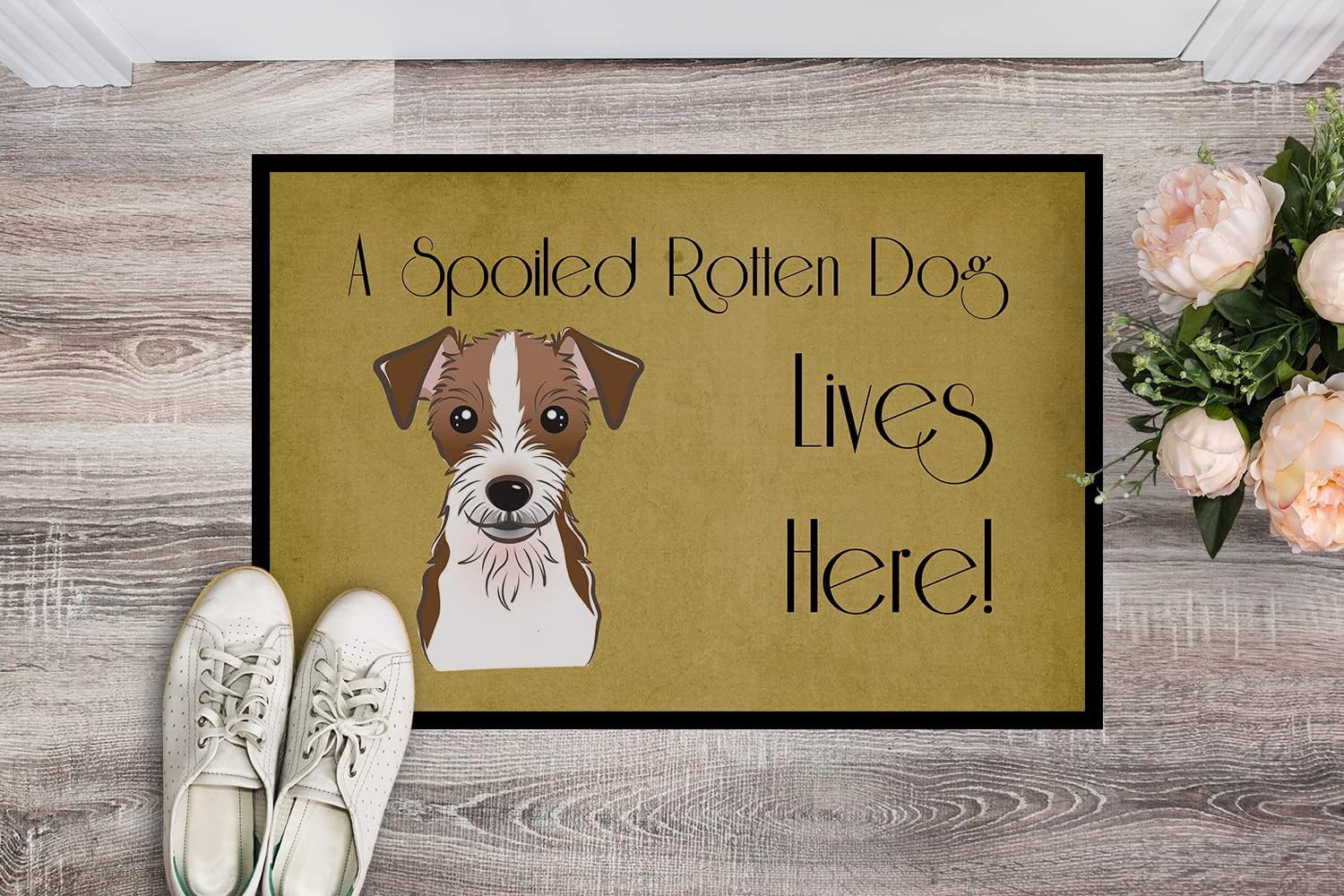 Caroline's Treasures BB1450JMAT Jack Russell Terrier Spoiled Dog Lives Here Doormat 24x36 Front Door Mat Indoor Outdoor Rugs for Entryway, Non Slip Washable Low Pile, 24H X 36W