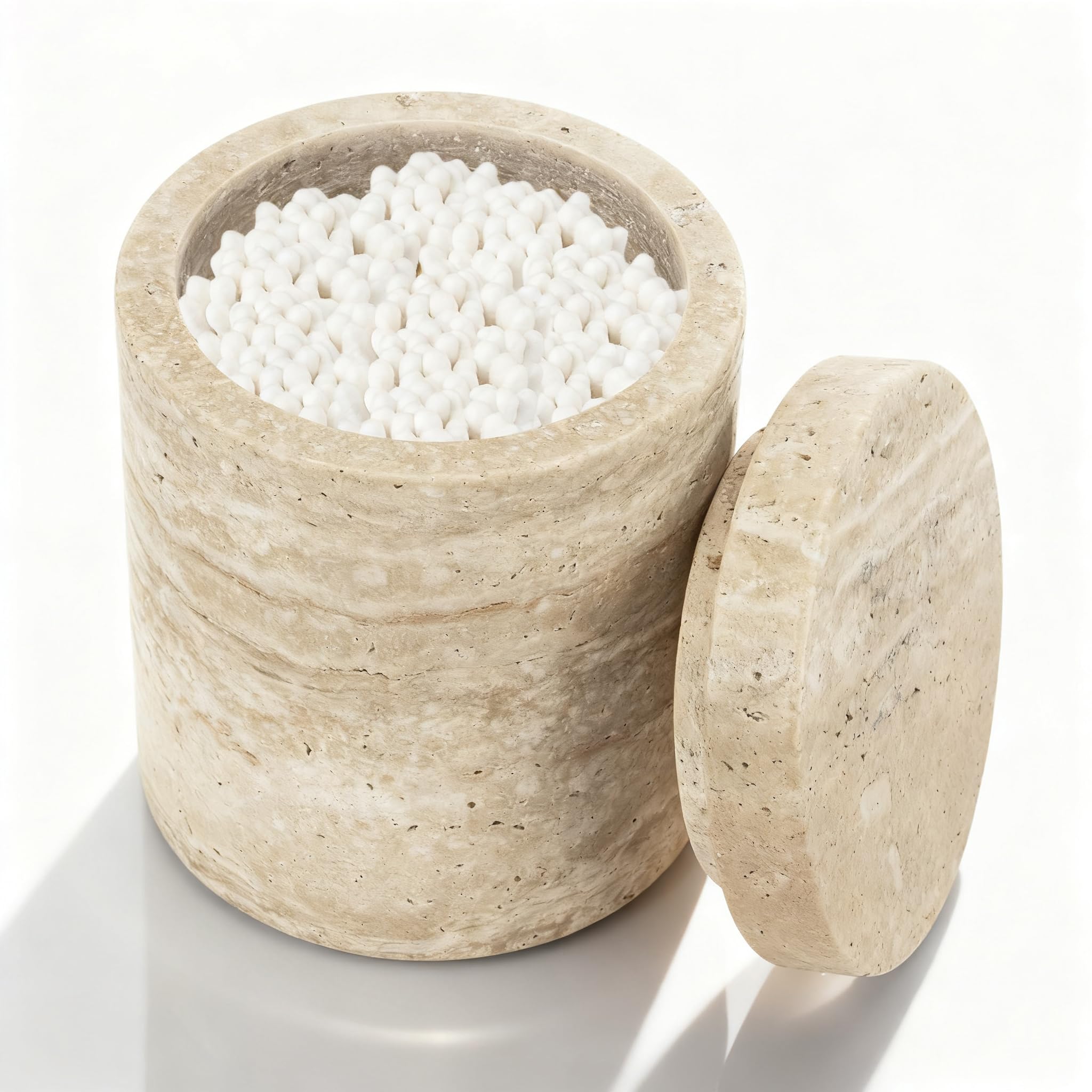 N NANSHOP Natural Marble Canister, Cotton Swab Holder with Lid, Marble Toothbrush Holder Qtip Holder Storage for Cotton Swab, Floss Picks, Makeup Pad, Bath Salt, Beige White Travertine(NS019)