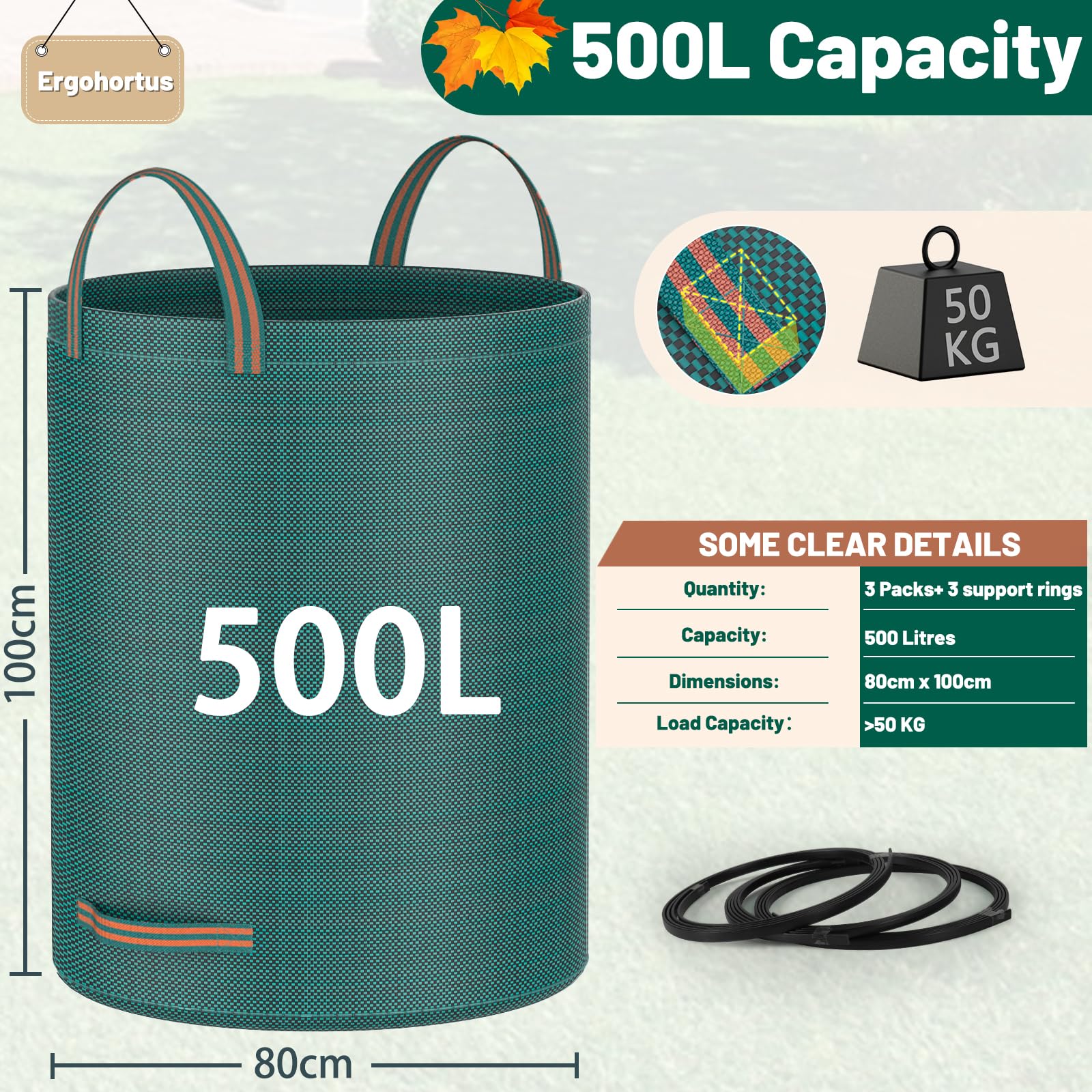 Sac Déchets Verts Résistant Ergohortus – 3x500 L Sacs à Déchets de Jardin Réutilisables avec Poignées, Sacs Végétaux de Jardin Pliables Pour Feuilles et Déchets– Sacs Poubelles de Jardin Imperméables
