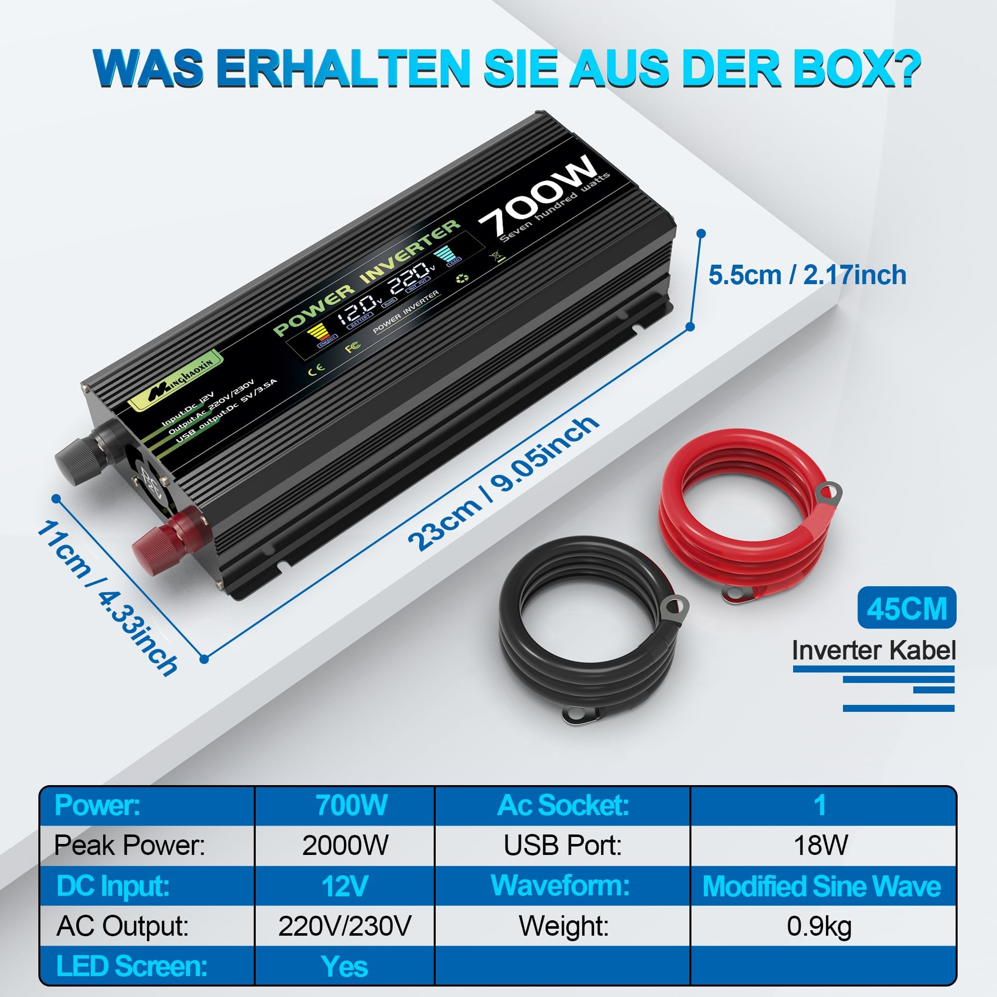 700W/1400W Wechselrichter 12V auf 230V Spannungswandler mit EU-Steckdose, USB, KFZ für Haushaltsgeräten Wohnmobile, LKW, Boote, Camping