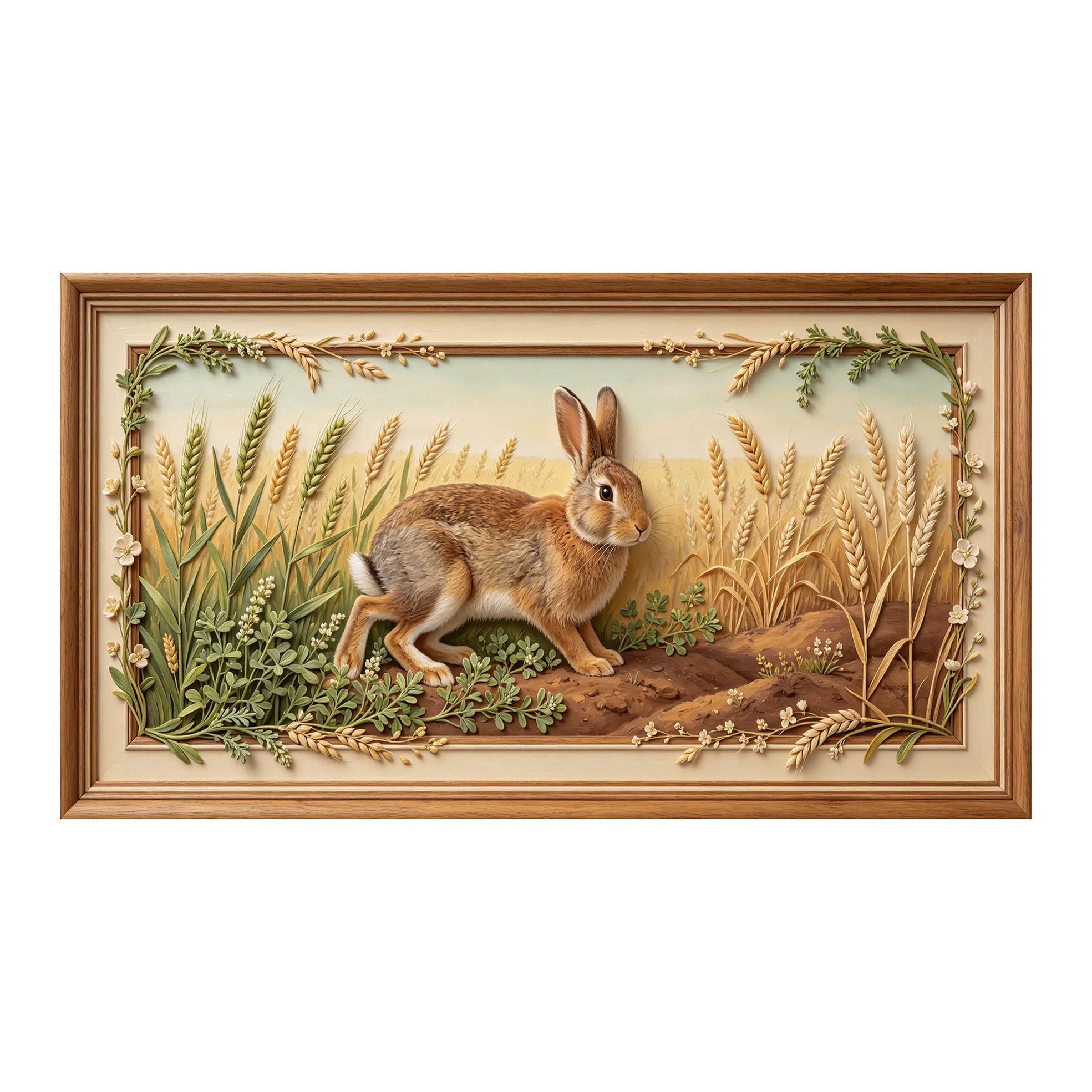 Murasolite 3D 3D Framed Wall Art 50cm×90cm Rabbit in Wheat Field Pastoral Relief Effect SelfAdhesive Fabric Mural Wall Decor, Peel and Stick No Damage to Wall for Bedroom Living Room