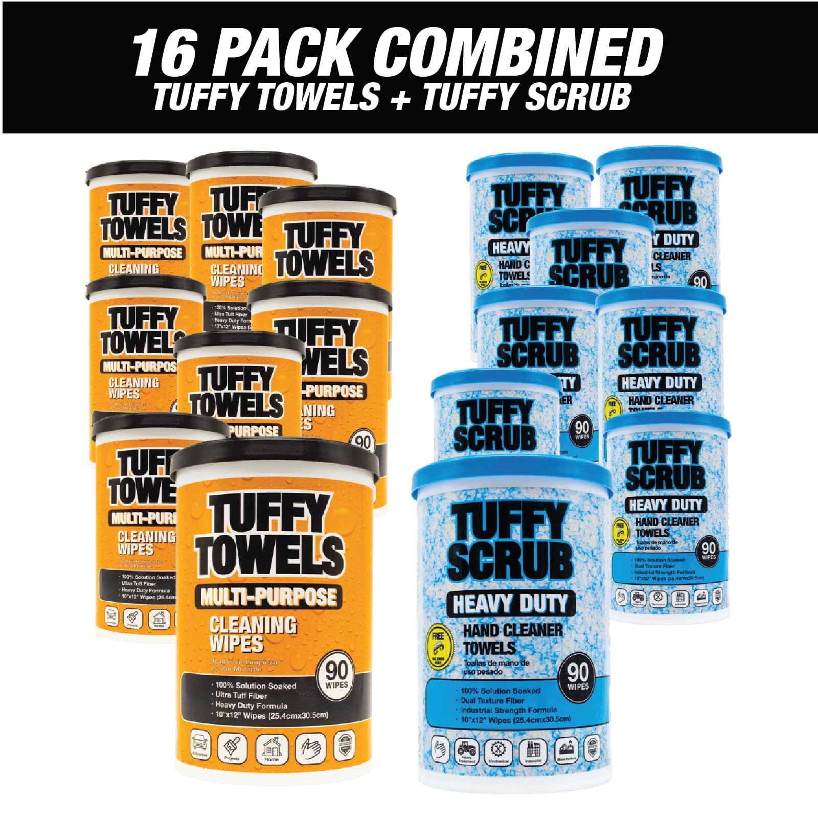 Tuffy Towels Combo 16 Pack - Heavy-Duty Scrub and Multi-Purpose Citrus Cleaning Wipes - 10 Inch X 12 Inch, 90 Wipes Each Container