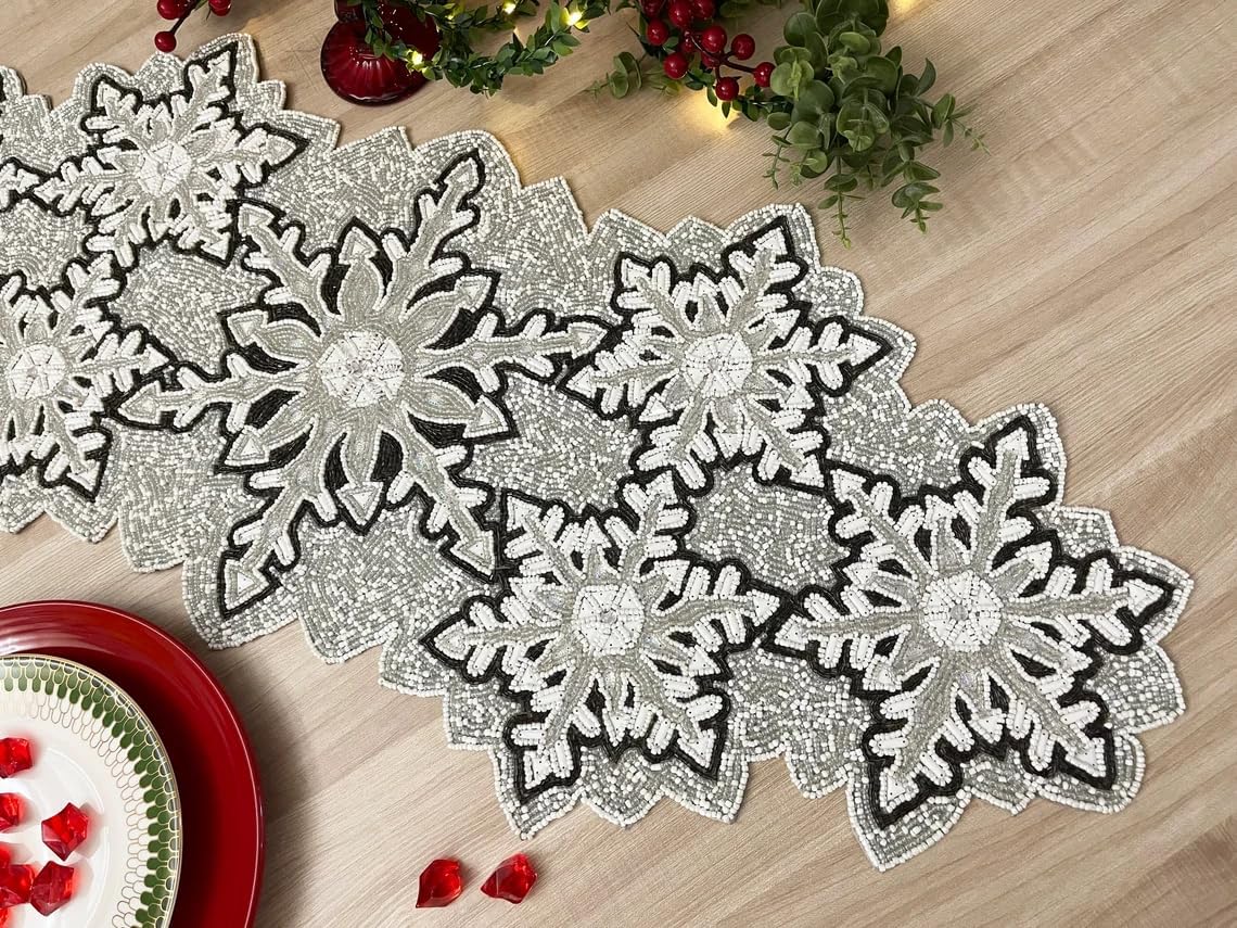 Enliven Handmade Bead Table Runner, Christmas Beaded Runner, Snowflakes, 13x36inch
