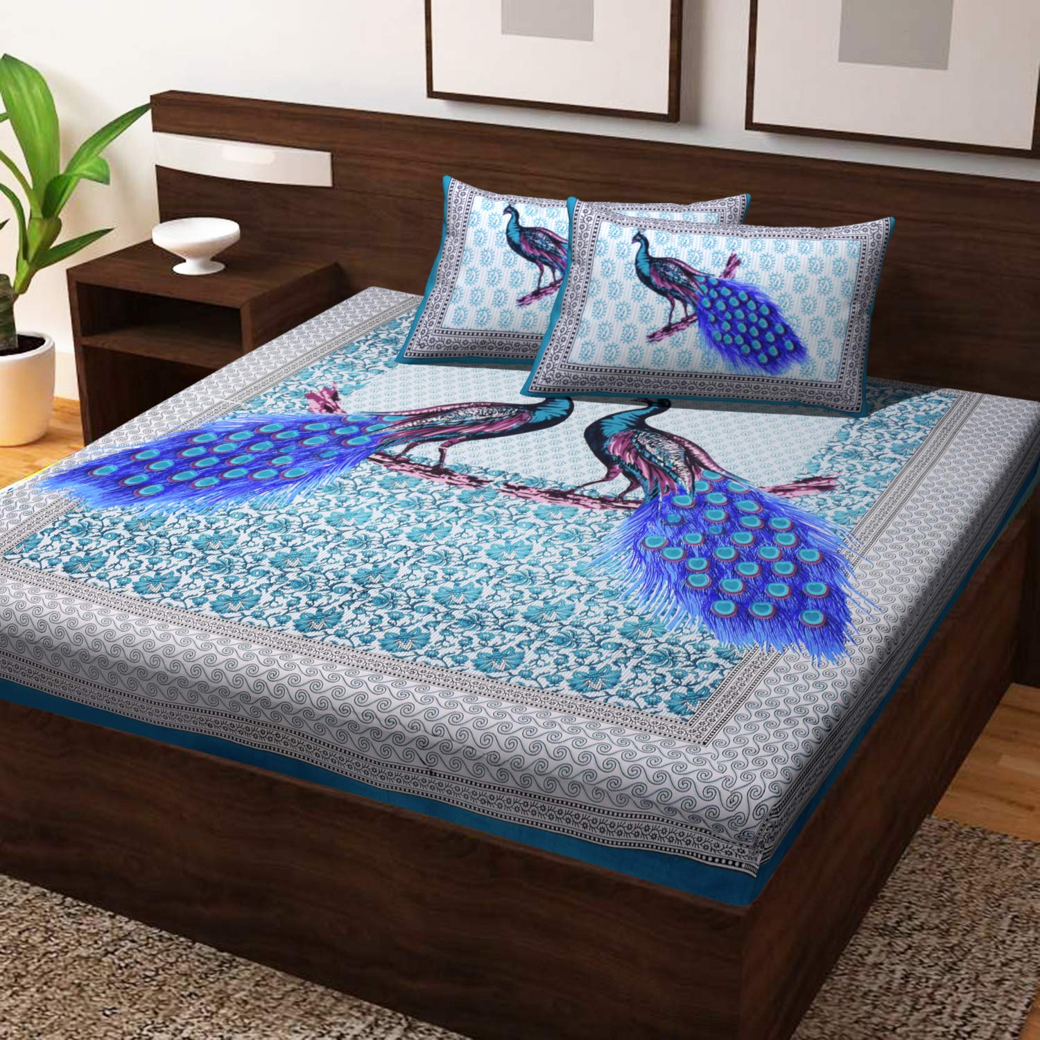 AC FASHION Rajasthani Jaipuri Traditional Sanganeri Peacock Print 144 TC 100% Cotton Double Size Bedsheet with 2 Pillow Covers (B08S7BLKXL) Amazon Price History, Amazon Price Tracker