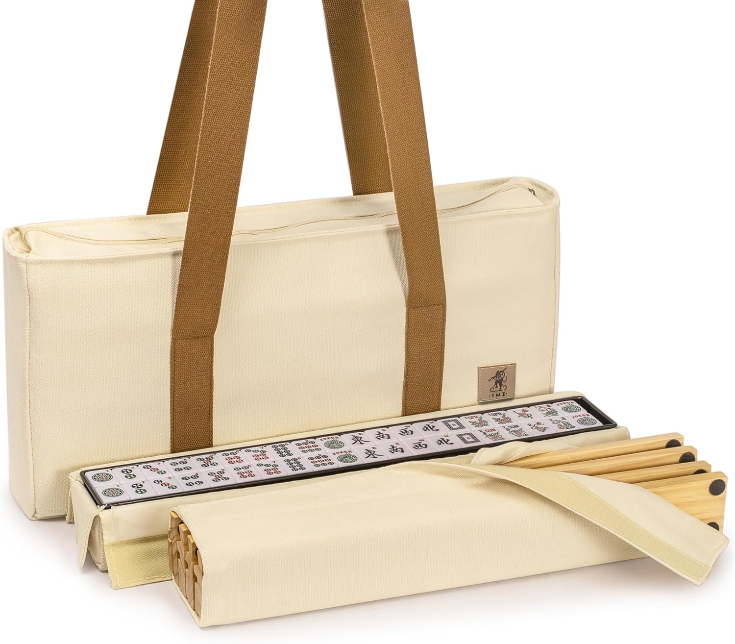 Yellow Mountain Imports American Mahjong Set, “Jade Horizon” – 166 Tiles with Wooden Racks & Pushers, Wright Patterson Scoring Coins, Dice, Wind Indicator, and Soft Beige Case