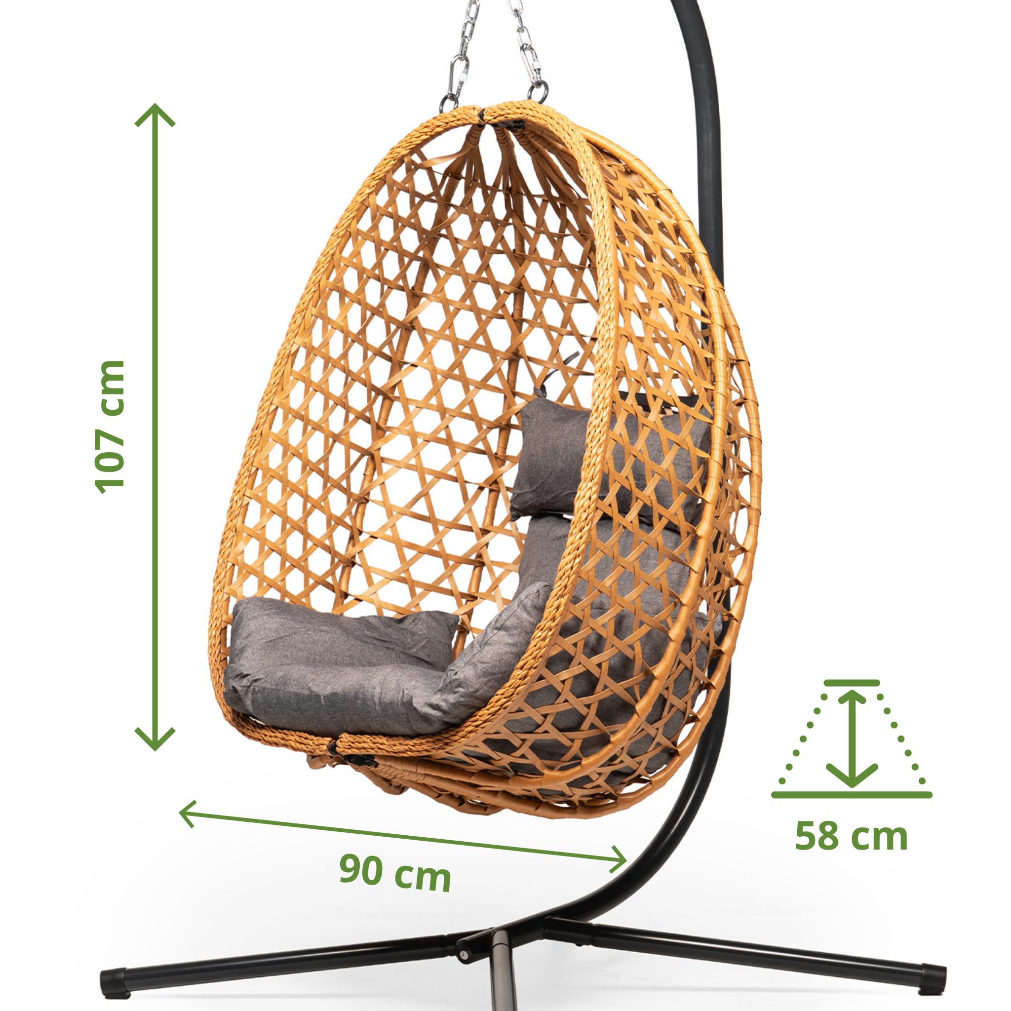 MEVEN Aura | Poltrona sospesa con telaio naturale, cesto per esterni e interni | Poltrona sospesa inclusa XXL cuscino, capacità di carico 110kg | Poltrona in vimini di lusso per giardino, balcone e