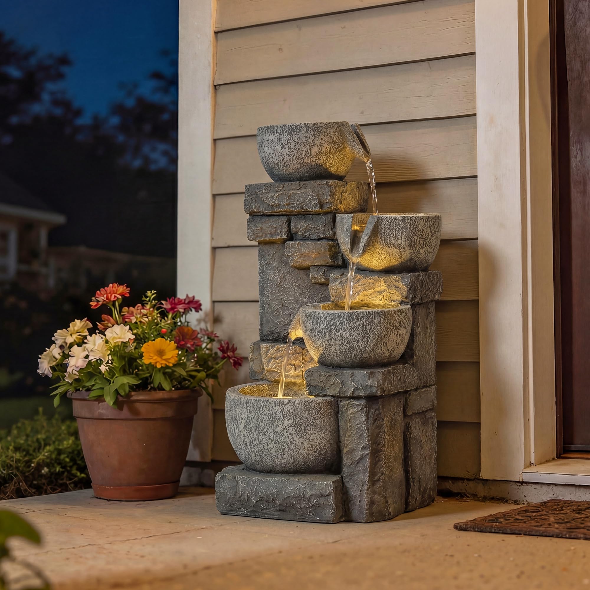 Outsunny Fontaine de Jardin Cascade 4 Niveaux - Décoration Effet Pierre et Brique avec Éclairage LED - Pompe à Eau Réglable pour Terrasse, Balcon et Salon (54,5 cm), Gris