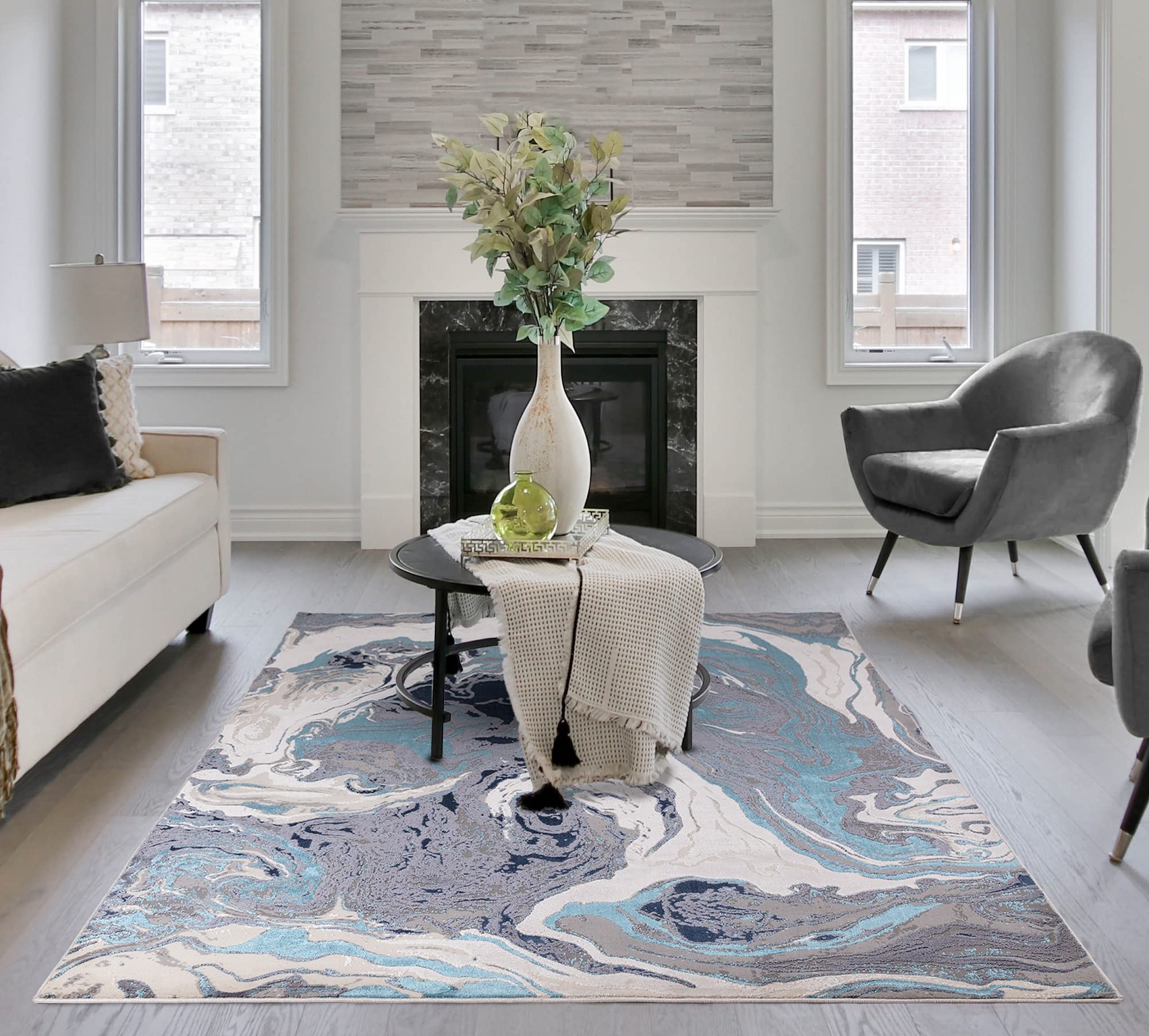 Lord of Rugs Modern Abstract Shiny Rug Silky Shimmer Soft High-Shine Carpet for Living Room, Bedroom Luxury Geometric and Marbled Patterns Rug Ocean AU18 Blue, Large 160 x 230 cm (5'3"x7'7") โ image 1