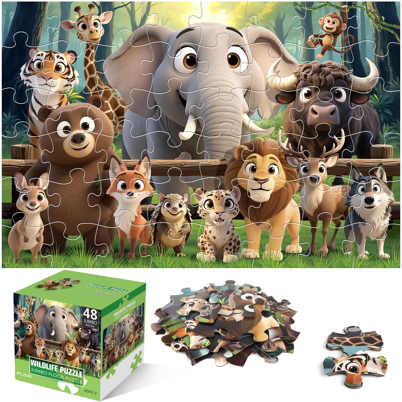Große Bodenpuzzle für Kinder, 48-teiliges Waldtier-Puzzle, Lernspielzeug für Kleinkinder im Alter von 3 bis 5 Jahren, Lebensvorschulpuzzle