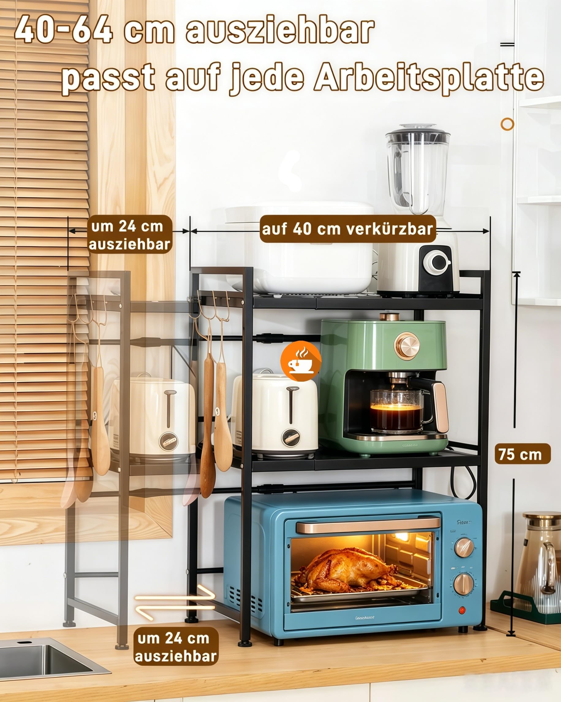 Mikrowellenregal 3 stufig ausziehbar Höhenverstellbarer Mikrowellenständer (40-64cm) ohne Bohren mit 6 Haken, Kohlenstoffstahl für Backofen, Kaffeemaschine & Airfryer