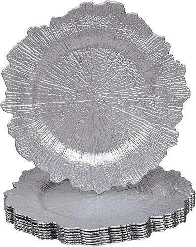 MAONAME Platos de carga redondos plateados de 13 pulgadas, cargadores de arrecife para platos de cena, cargadores de platos de plástico para bodas,