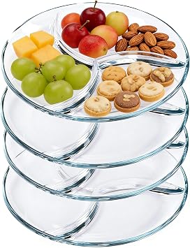 4 Packs Round Tempered Glass Serving Tray 10 Inches Divided Compartment Snack Platter for Fruits, Nuts, Desserts & Parties, Clear Sectioned Dinner Plate for Adults, Kids, Portion Control