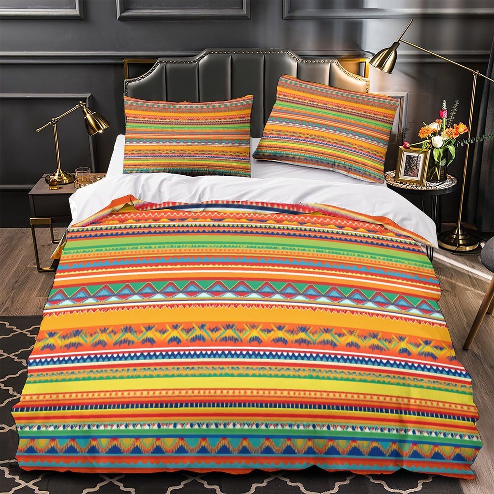 Ethnisches Muster 3-teiliges Pflegeleichtes Polyester BuntBohoStyle Kinderbettwäscheset, 2 Kissenbezug, Unsichtbarer Reißverschluss, Babysicher & Gifffrei King（220x240cm）