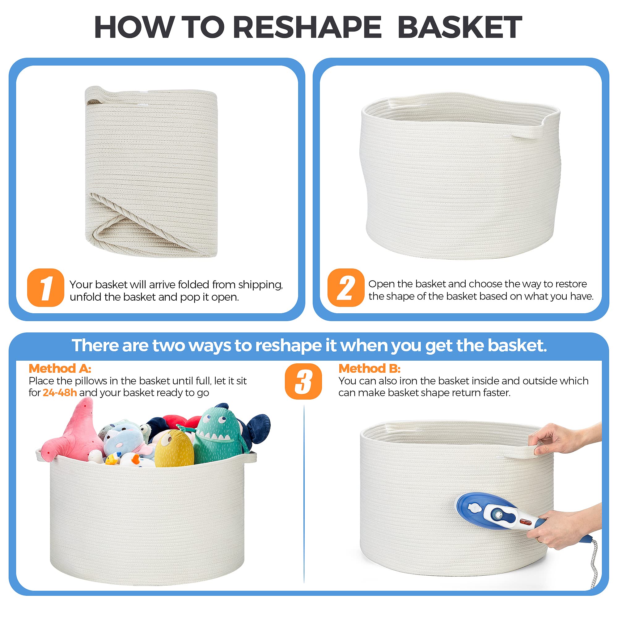 Ravinte Blanket Basket - 20"x 20"x 13" Cotton Rope Basket for Living Room, Baby Toy Storage Basket, Large Woven Laundry Basket (White)