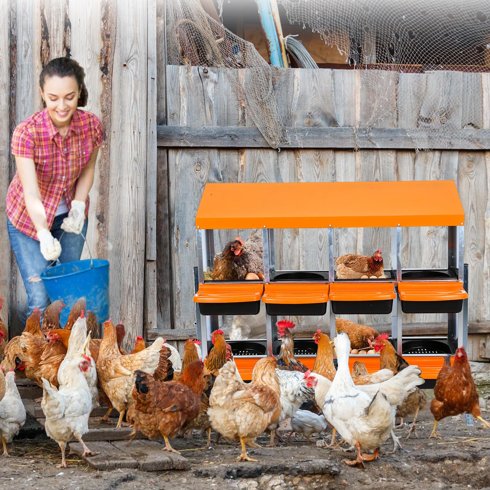 Caja de Anidación Resistente para Gallinas, 6/8 Compartimentos de Acero Galvanizado Antióxido, Tapa Extraíble, Fondo Inclinado (Naranja, 8 Compartimentos - Estructura De Soporte)