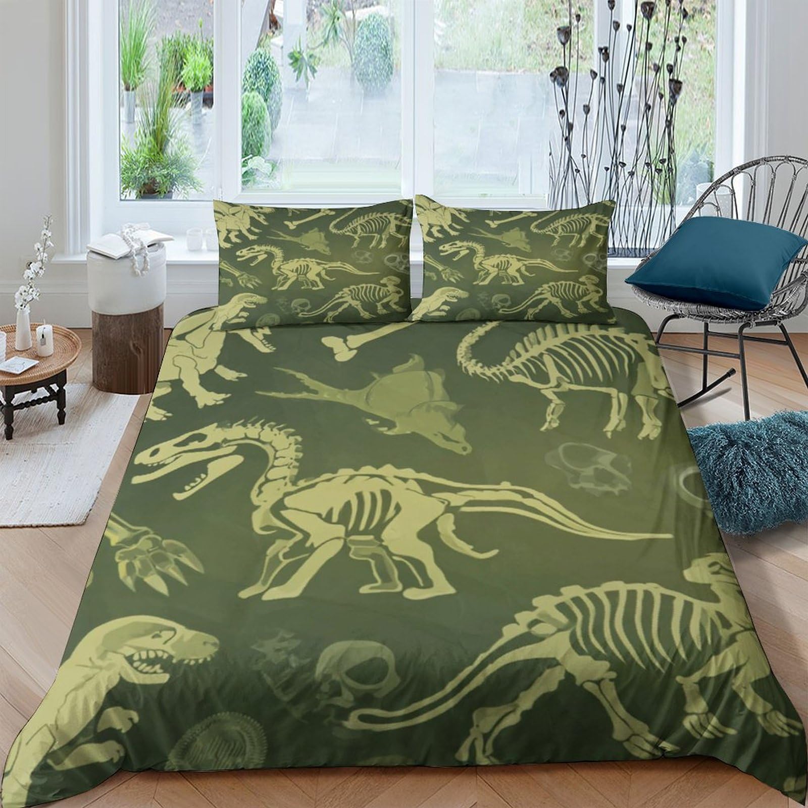 Ctjqhvkz Style-5 3D Printed Dinosaur Skeleton Fitted Sheet Microfiber Soft Green Fossil Bed Cover For Bedroom Dorm Mattress Decor Single（135X200cm）