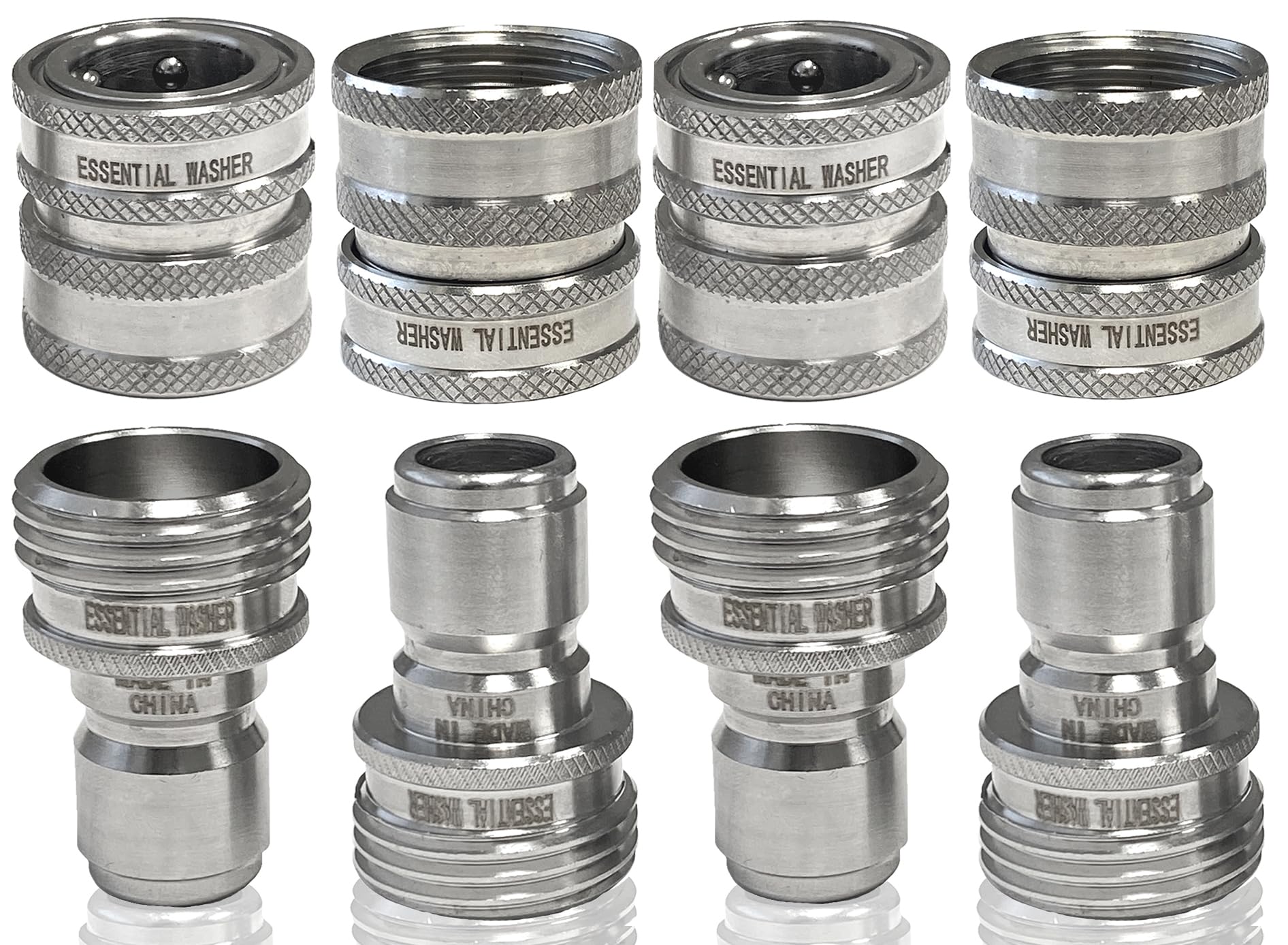 Essential Washer ¾” Stainless Steel Garden Hose Quick Connect Fittings | Plug & Coupler Set of 4
