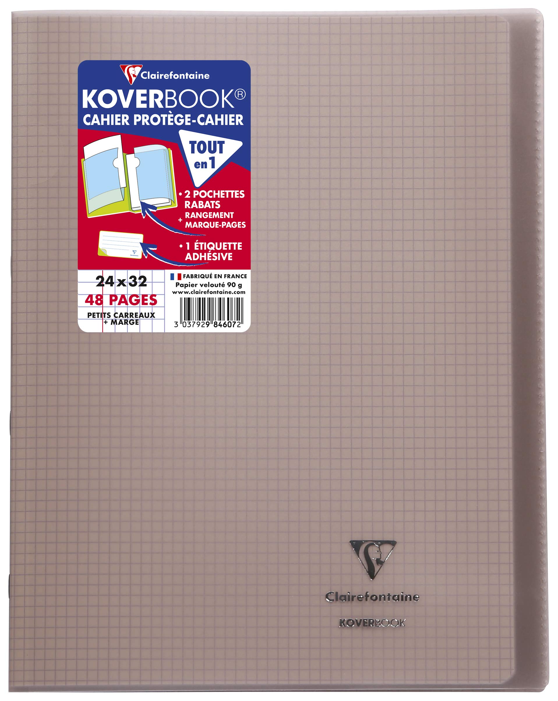 Clairefontaine 984607C - One Grey Koverbook Stapled Notebook - Dimensions: 24x32 cm - 48 Small Square Pages with Margin - 90 g White Paper - Polypro Cover