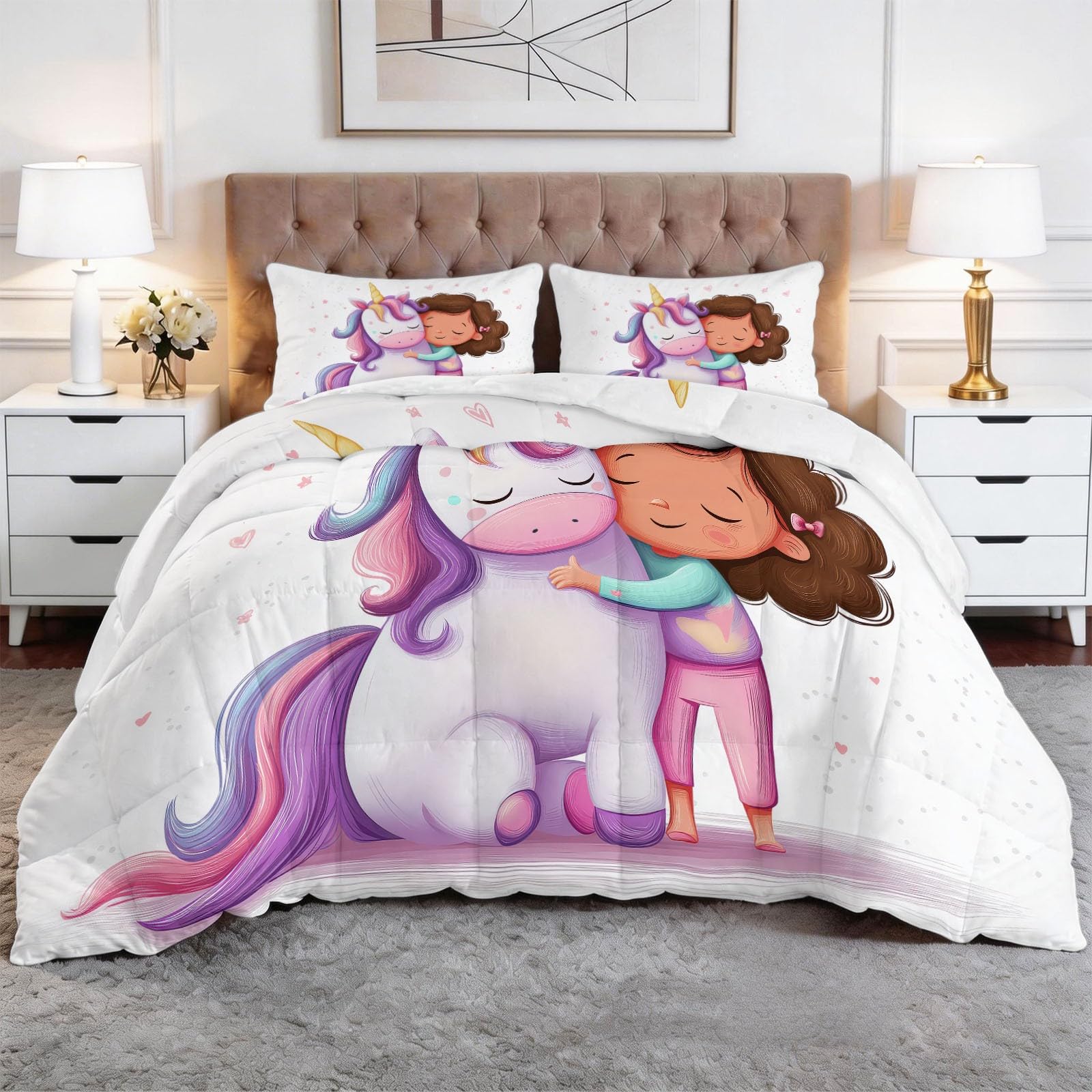 Generico Piumone Invernale 140 x 200 cm Carina Unicorno Bambina Trapunta in Ecopiuma 400 gr/mq, Caldo ed Elegante – Biancheria da Letto Anallergica e Traspirante – Set 3 Pezzi, Viola