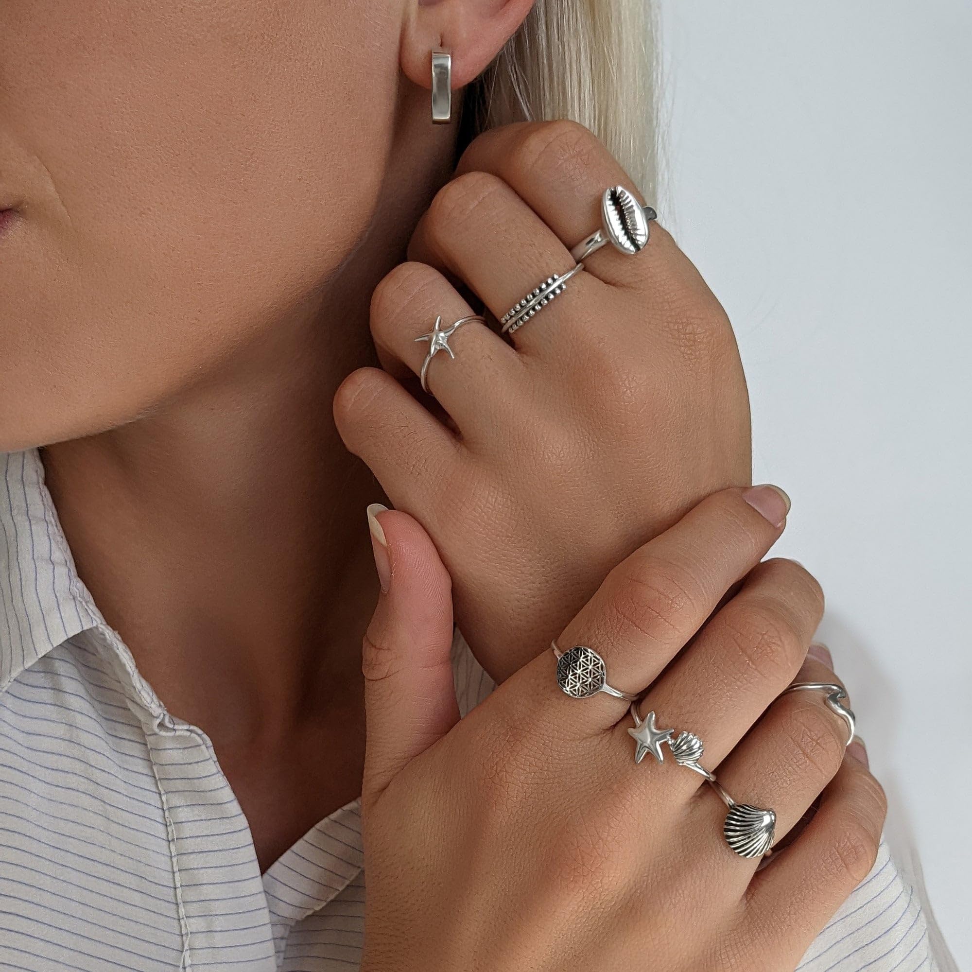 81stgeneration Anillo Promesa Concha Cauri Plata 925 | Anillos Plata de Ley Mujer | Joyas Verano Playa | Anillos Concha Marina Adolescentes | Diseño Bohemio Conchas Marinas Apiladas