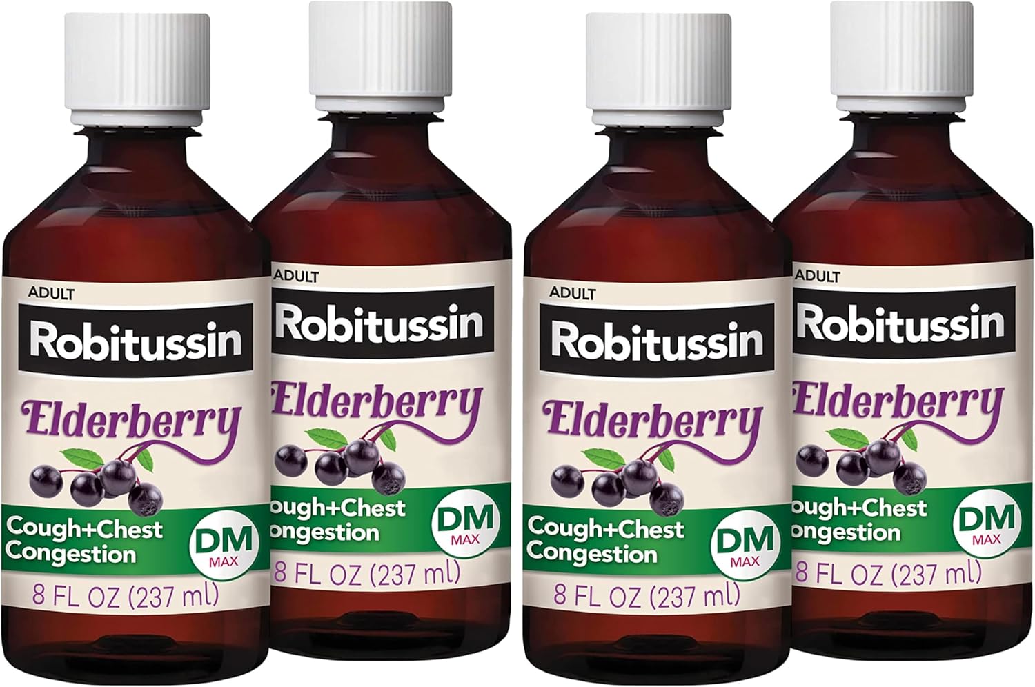 Robitussin Maximum Strength Elderberry Cough Plus Chest Congestion DM,Cough Suppressant for Adults,Providing Non Drowsy Liquid-Cough and Chest Congestion Relief - 8 Fl Oz,(Pack of 4)