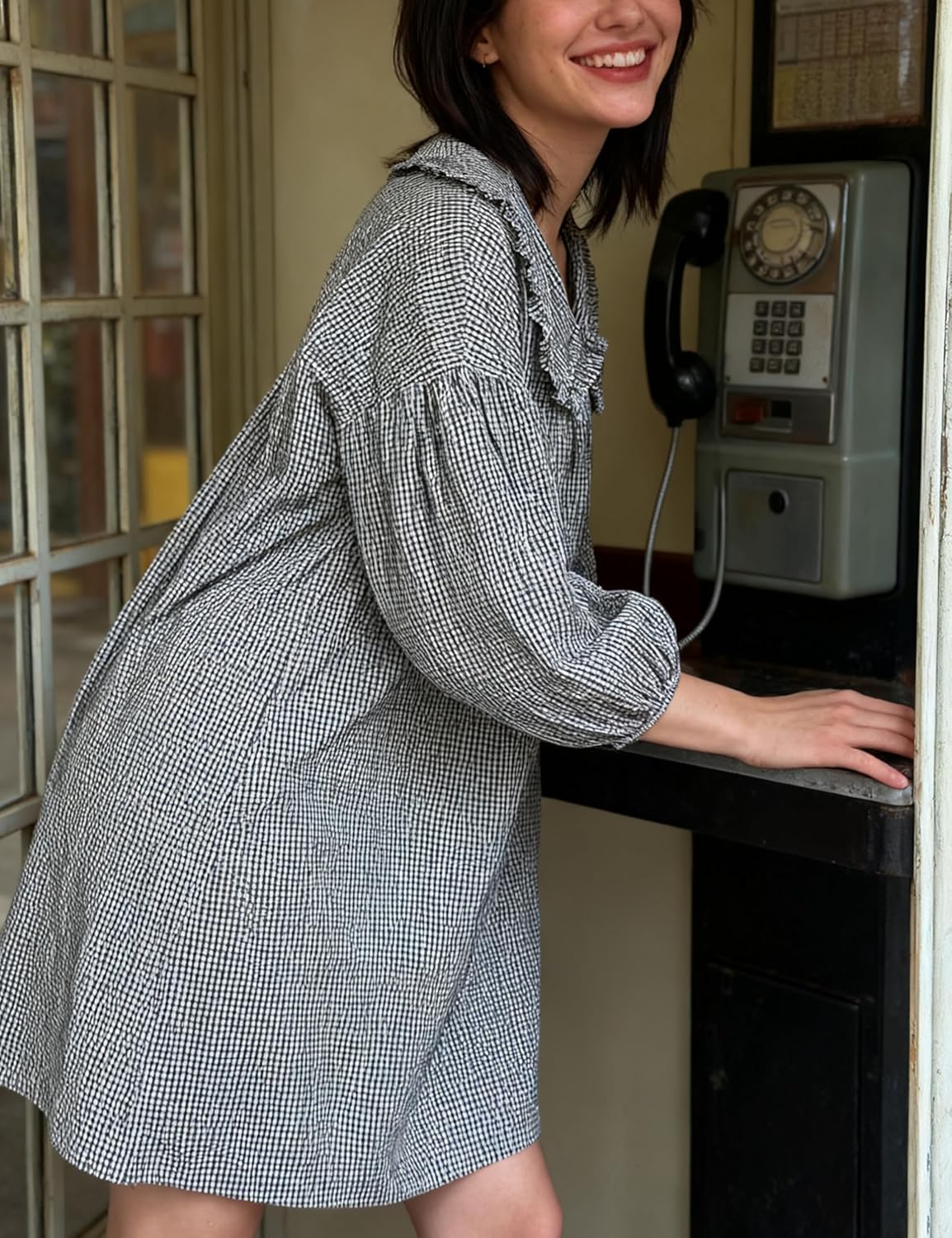 2026 Women's Babydoll 3/4 Puff Sleeve Plaid Mini Dress Lapel Doll Collar Loose Y2k Dress - Image 5