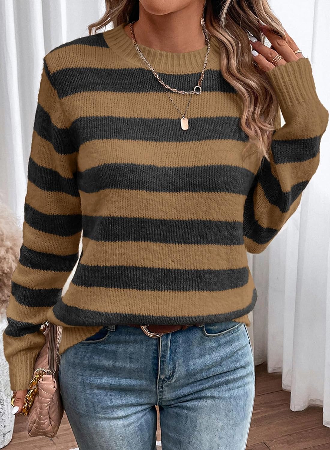 Dokotoo Sweaters for Women 2025 Crewneck Striped Cute Color Block Fall Winter Knitted Pullover Tops - Image 3