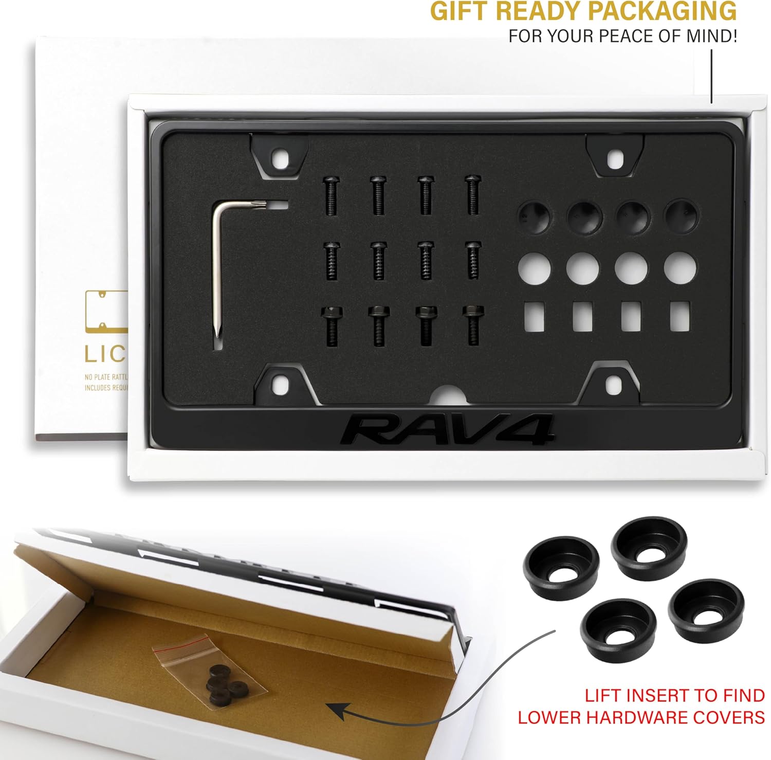 RAV4 License Plate Frame – Stealth Black Powder Coat UV Resistant STAINLESS METAL Plate Holder - One Piece - Compatible with 1994-2025 Rav 4 Rav-4 (3D RAISED LETTER with MOUNTING HARDWARE)