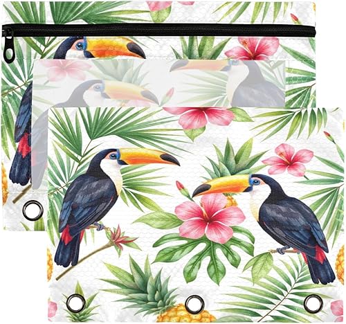 Kcldeci Paquete de 2 bolsas para lápices para carpeta de 3 anillos, carpeta de hojas tropicales de hibisco de piña de Tucán, estuche para lápices,
