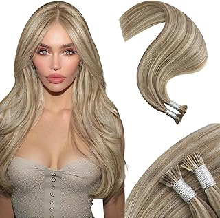 Moresoo I Tip Hair Extensions Human Hair Dirty Blonde with Platinum Blonde Highlight I Tips Hair Extensions Real Human Hair for Wedding 40G/50S 18 Inch
