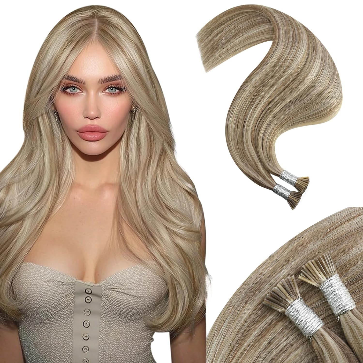 Moresoo I Tip Hair Extensions Human Hair, Light Brown with Platinum Blonde Highlights, 20 Inch 40G 50 Strands, Long Straight Elegant Blend, for Wedding and Special Events