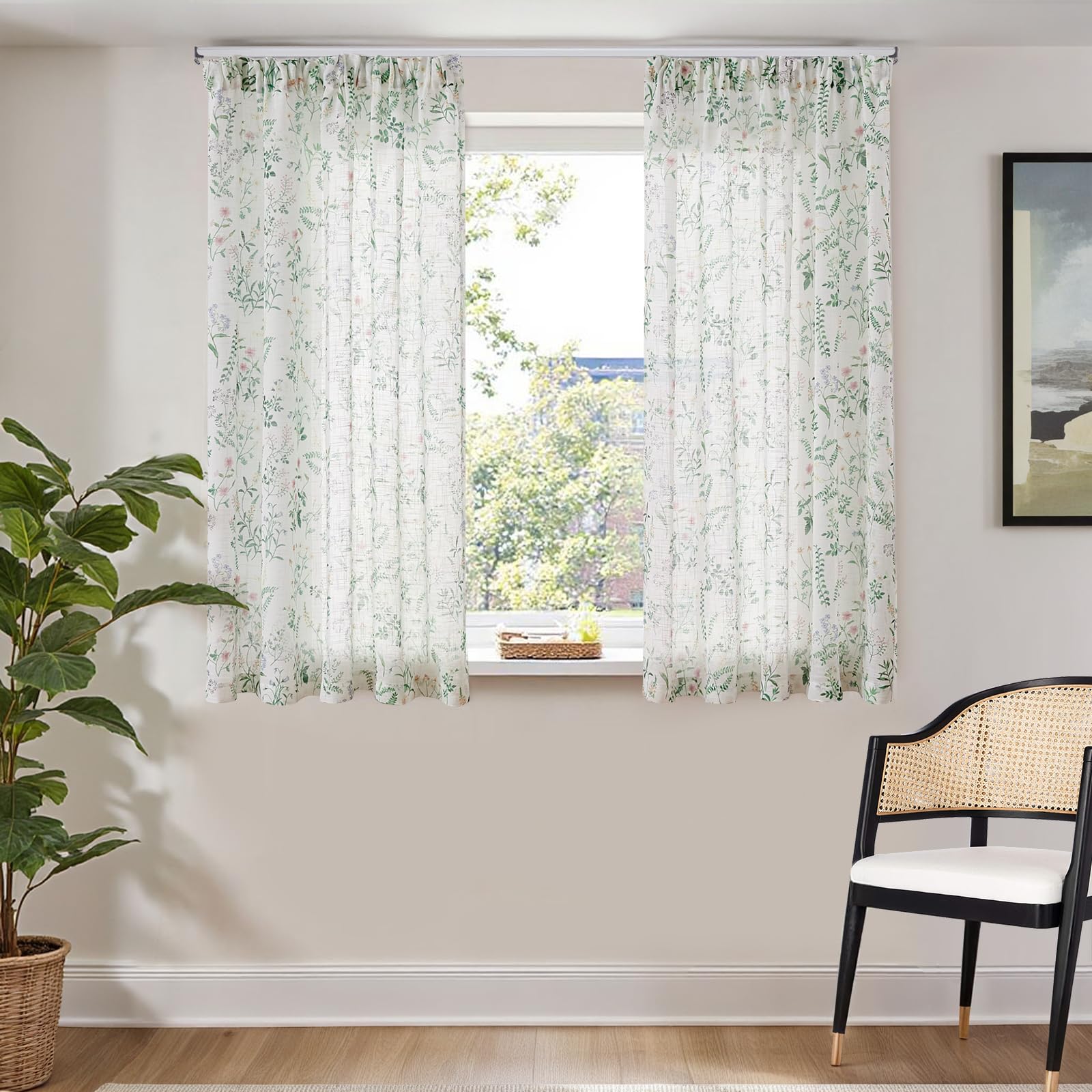 TOPICK Floral Pattern Linen Look Net Curtains for Windows 54 Inch Drop, Light Filtering Voile Bedroom Drapes, Pencil Pleat Woven Short Sheer Curtain 2 Panels for Living Room, Nursery W50 x L54 Inch - Image 4