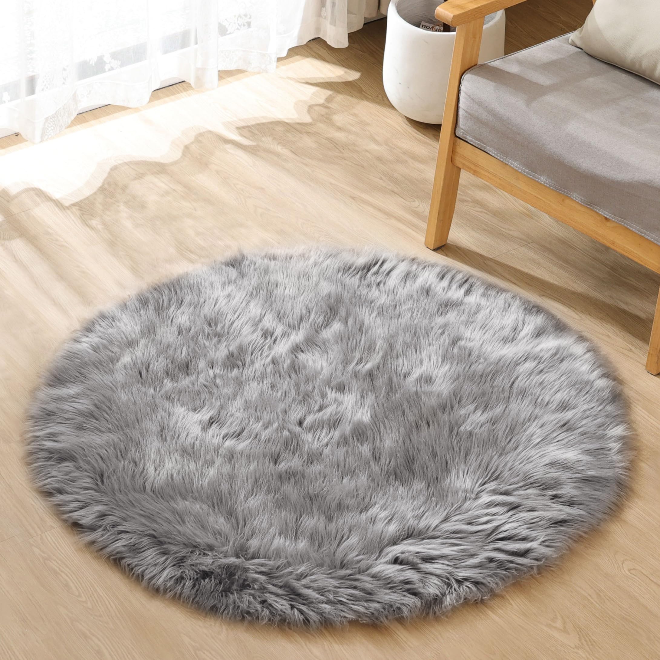 ORINOVA Teppich Rund Grau Flauschig Fellteppich 90 cm Kunstfell Teppich Kuschel Schlafzimmer Weich Hellgrau Deko Wohnzimmer Waschbar