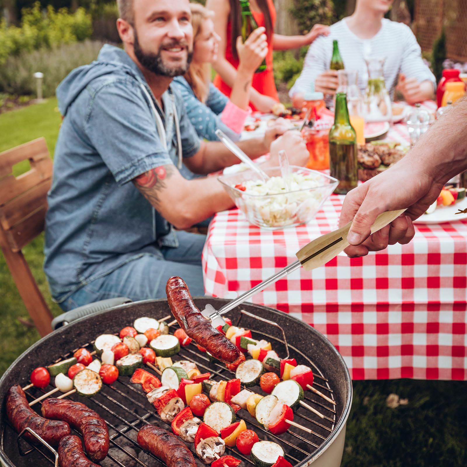 FAELNK Grillspieße Edelstahl Ausziehbar Holzgriff mit Teleskop Blasrohr Grillgabel Ausziehbar 81cm für BBQ Hotdog Teleskop Camping Lagerfeuer Zubehör Ausziehbar Grillgabel