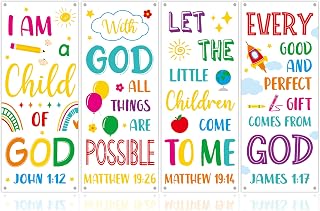 4PCS Church Banners with Scripture Religious Bible Verse Backdrops for Kids Christian Porch Decorations Inspirational Religious Hanging Signs for Church Sunday School Classroom Wall Decor (White)