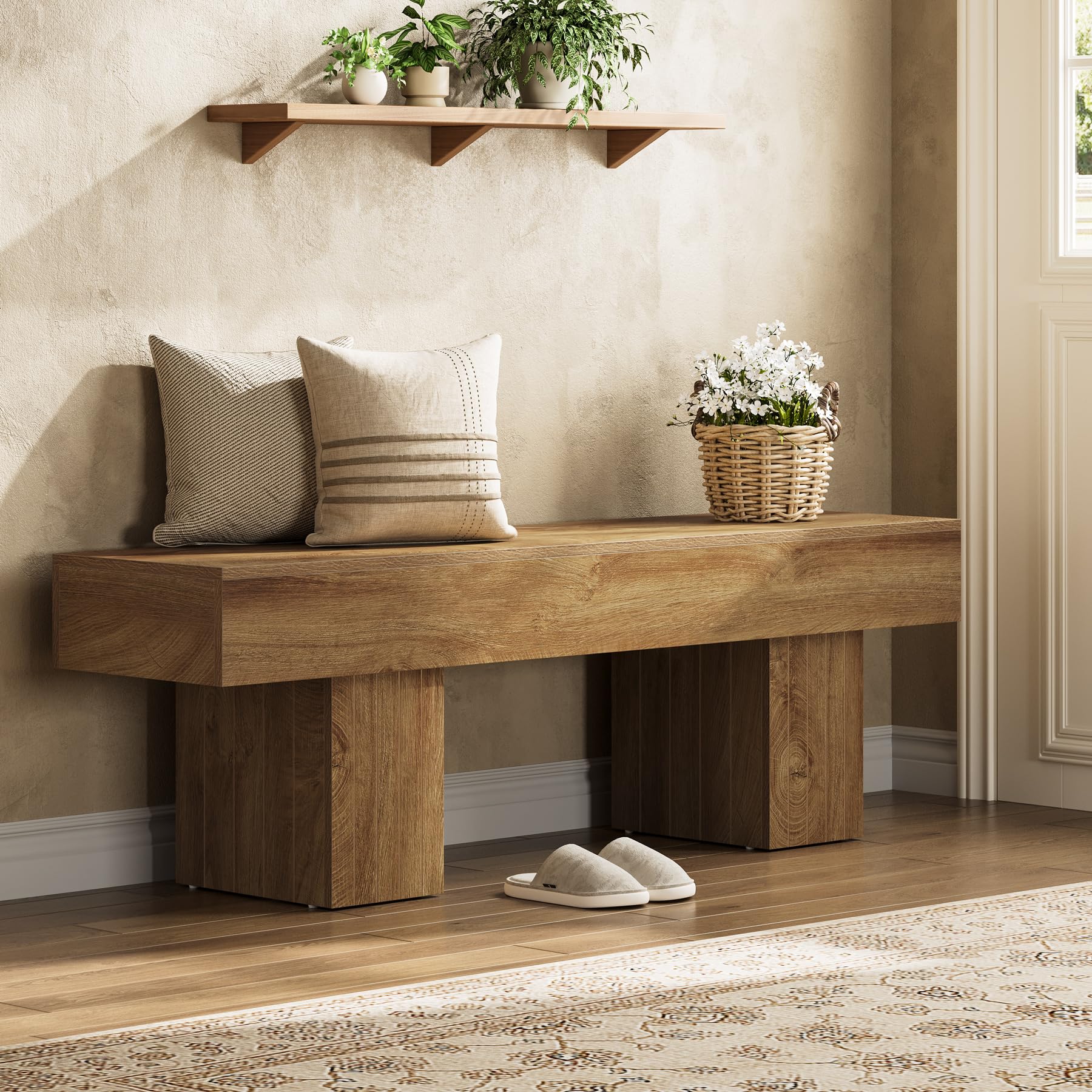 Tribesigns 55" Dining Bench, Farmhouse Wooden Entryway Bench with Robust Legs, Indoor Bench for Bedroom, Dining Room, Kitchen, Hallway, Light Brown