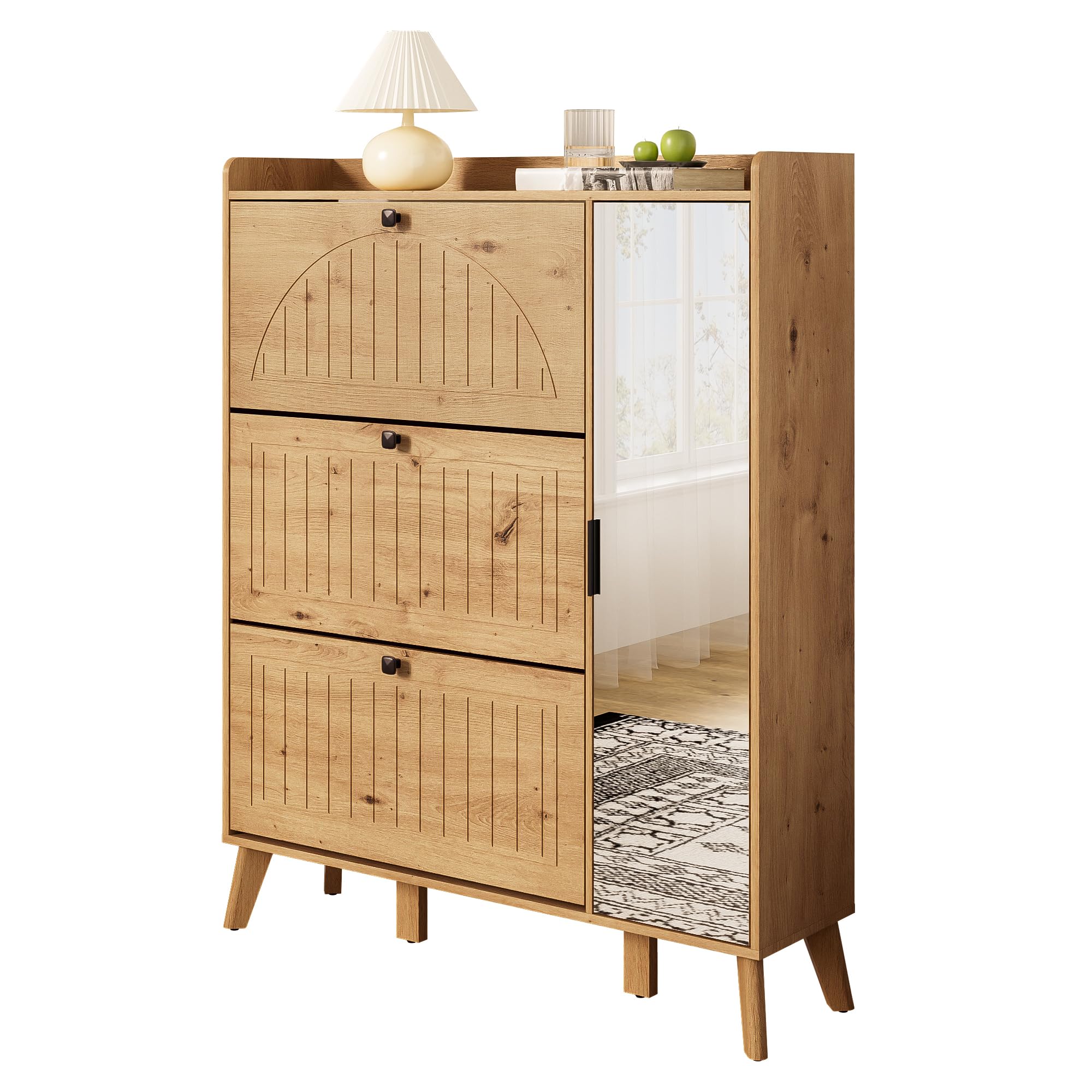 Scarpiera da corridoio, 110 x 24 x 137,5 cm, con specchio, 3 scomparti pieghevoli e ripiani, effetto legno, robusta scarpiera per ingressi stretti, design nordico