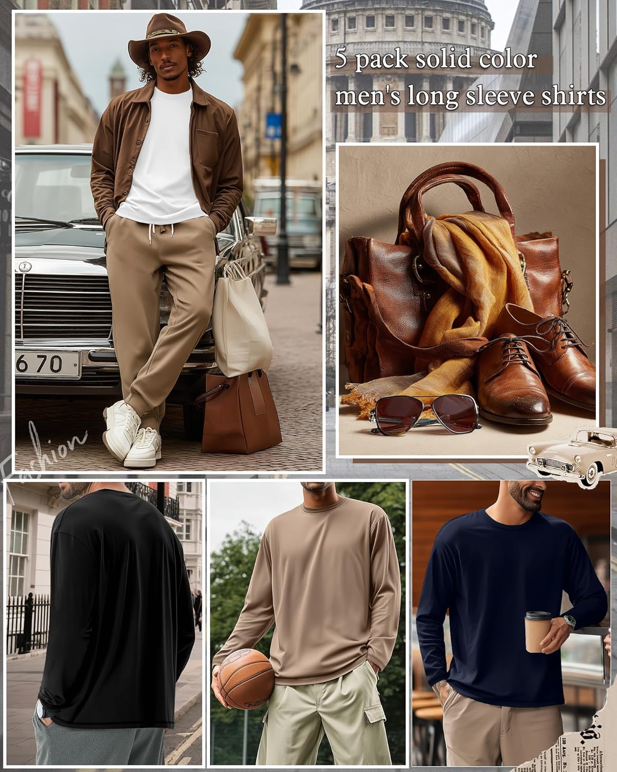 5 Pack Men's Big and Tall Shirts, 95% Cotton Basic Tops Long Sleeve Crew Neck Side Split Tees