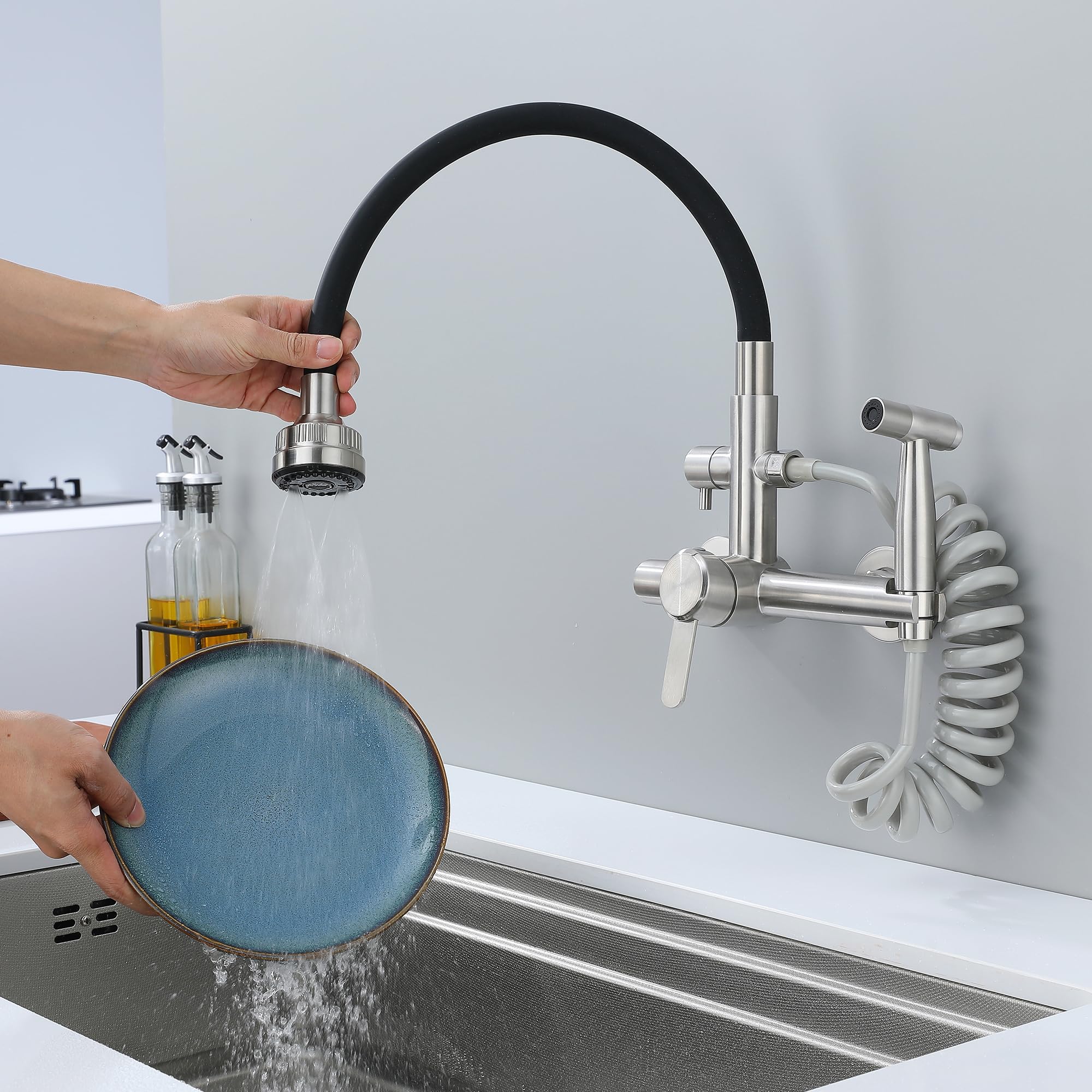 Grifo Cocina Pared Con Ducha, Grifo Pared Lavadero, 4 Modos De Pulverización De Agua, Grifo De Cocina Acero Inoxidable Cepillado