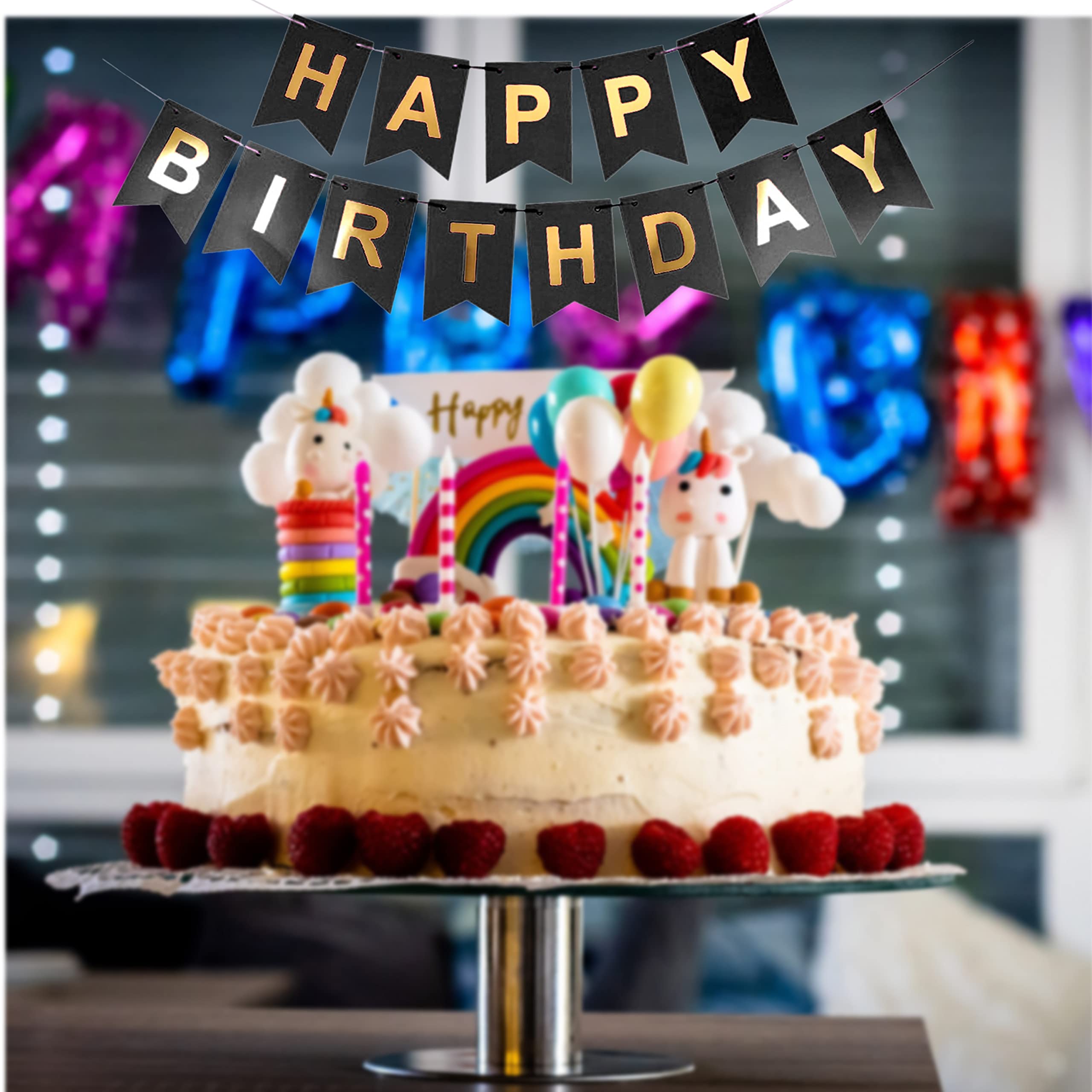 Geburtstags-Banner „Happy Birthday“ – Wimpel-Kette Schwarz/gold, 6 M Band, Inkl. Montage-Nadel, Für Party-Deko